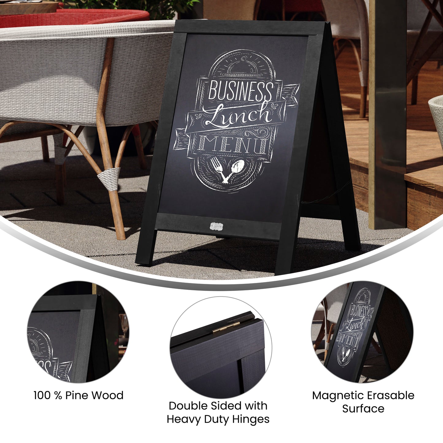 Canterbury 30" x 20" Vintage Wooden A-Frame Magnetic Indoor/Outdoor Chalkboard Sign, Freestanding Double Sided Extra Large Message Board, Black Black