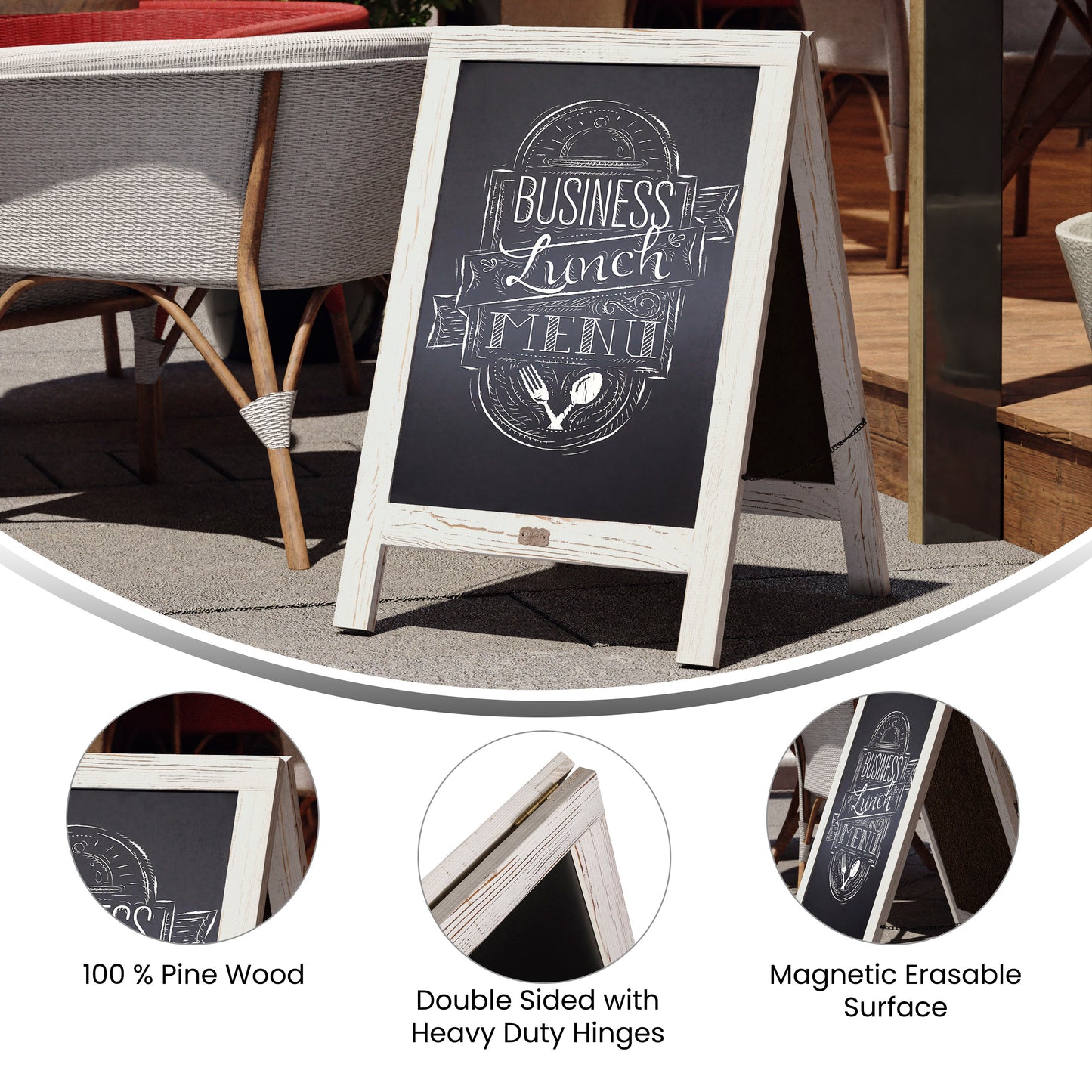 Canterbury 30" x 20" Vintage Wooden A-Frame Magnetic Indoor/Outdoor Chalkboard Sign, Freestanding Double Sided Extra Large Message Board, White Wash White Wash HGWA-CB-3020-WHWSH-GG