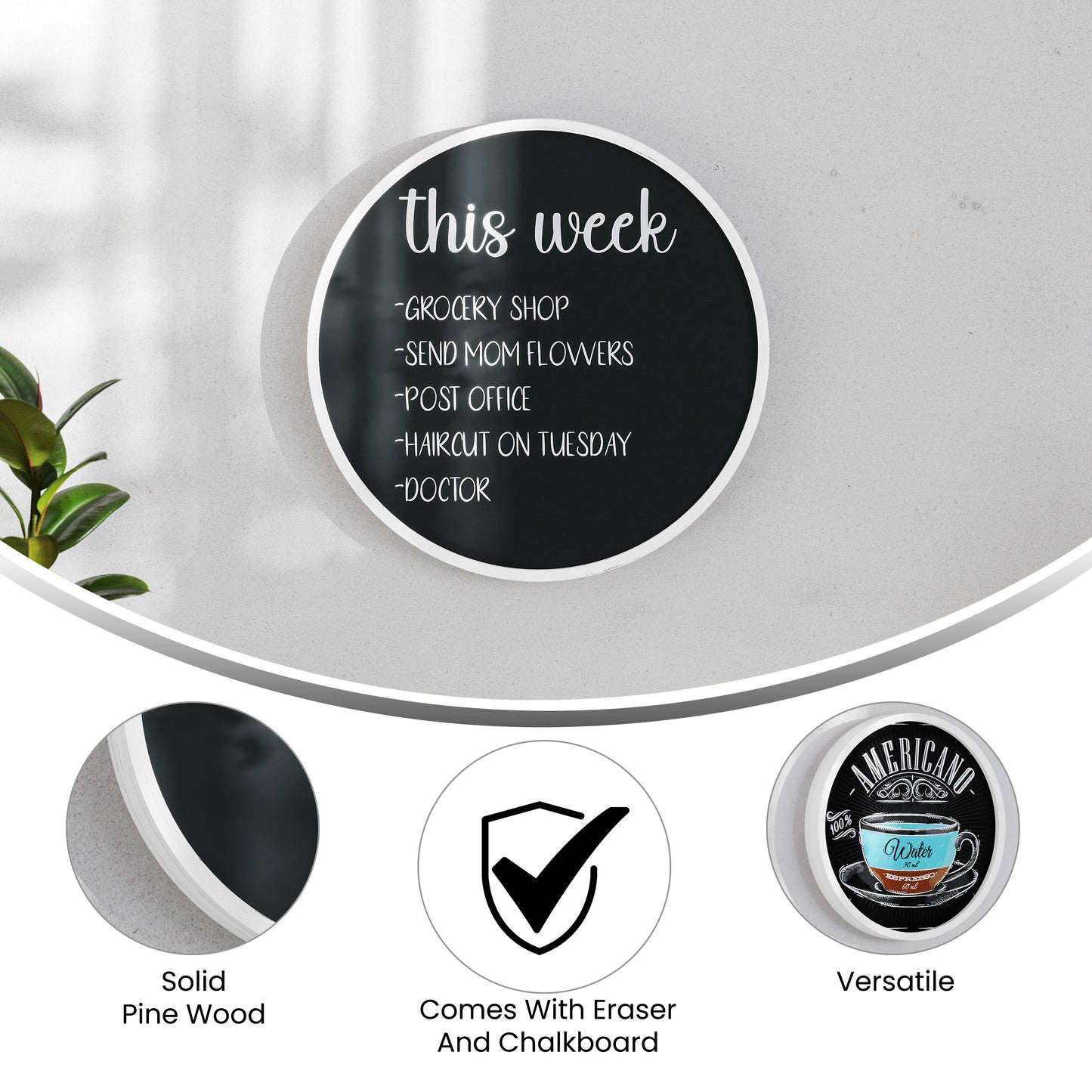 Canterbury 18" Round Wall Mounted Magnetic Chalkboard for Home or Business with Eraser and Chalk in Whitewash Pine Wood Frame White Washed