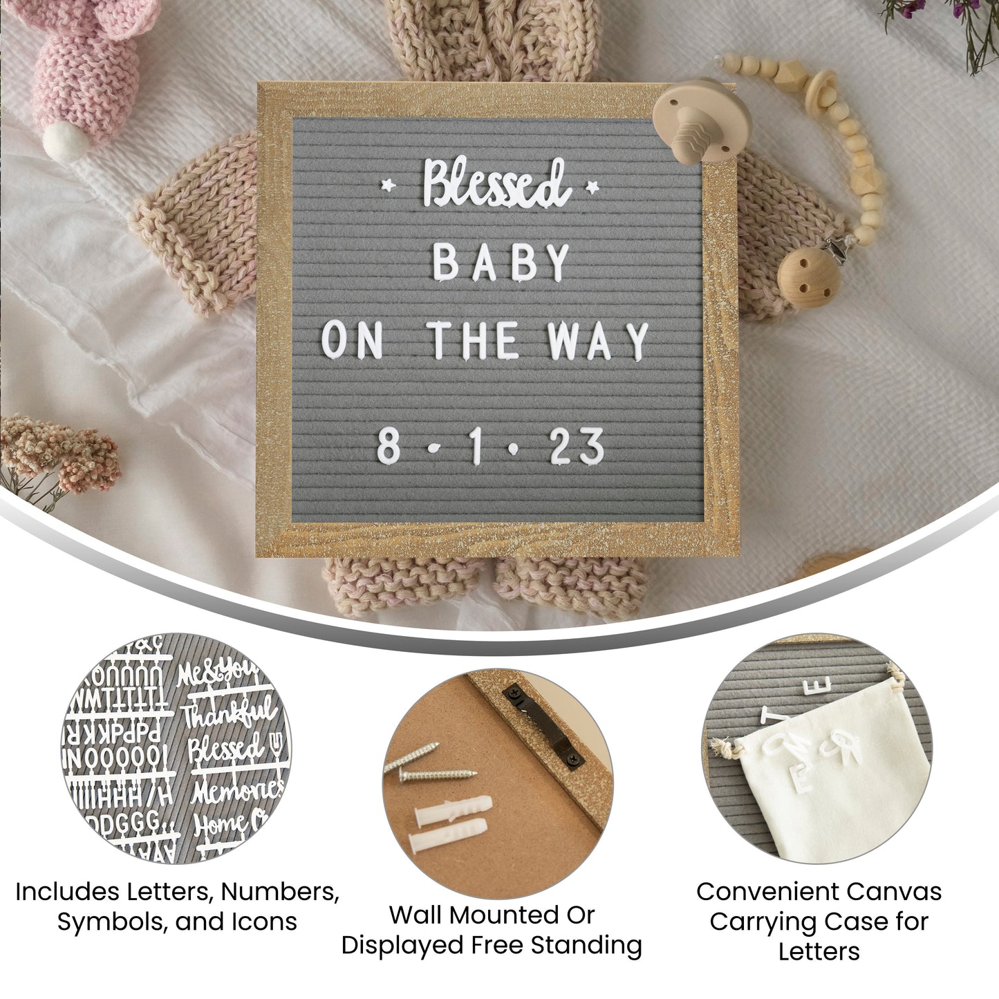 Gracie 10x10 Felt Letter Board with Wooden Frame, 389 PP Letters Including Numbers, Symbols and Icons, Canvas Carrying Case, Weathered Wood/Gray Felt Weathered Wood Frame/Gray Felt
