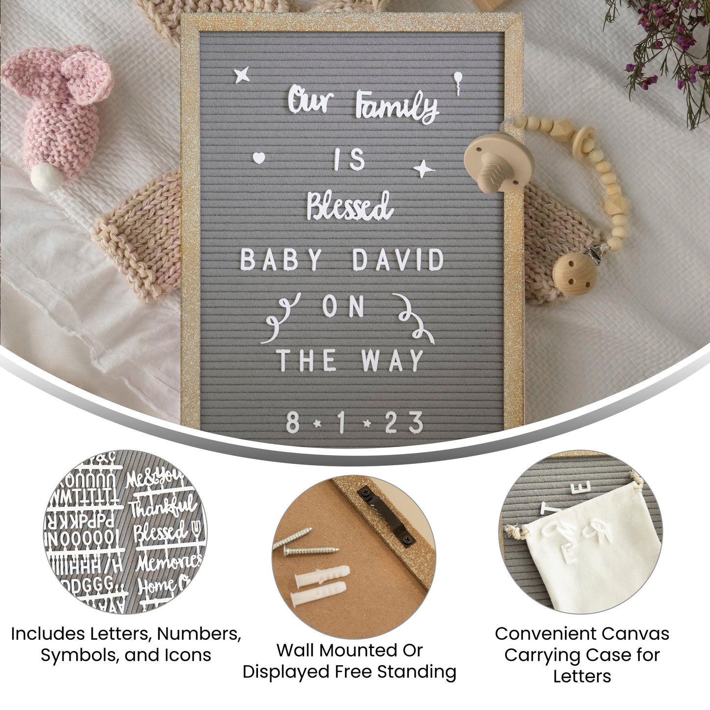 Gracie 12x17 Felt Letter Board with Wooden Frame, 389 PP Letters Including Numbers, Symbols and Icons, Canvas Carrying Case, Weathered Wood/Gray Felt Weathered Wood Frame/Gray Felt