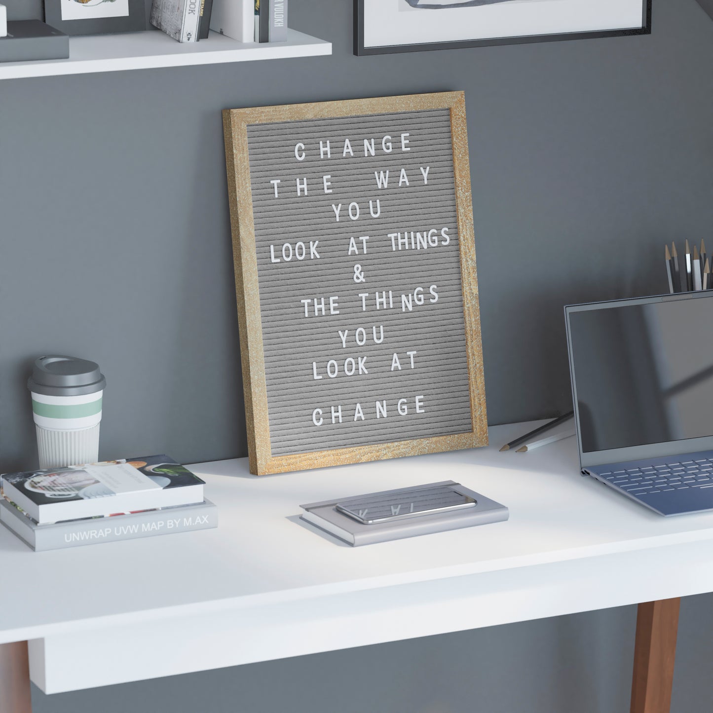 Gracie 12x17 Felt Letter Board with Wooden Frame, 389 PP Letters Including Numbers, Symbols and Icons, Canvas Carrying Case, Weathered Wood/Gray Felt Weathered Wood Frame/Gray Felt