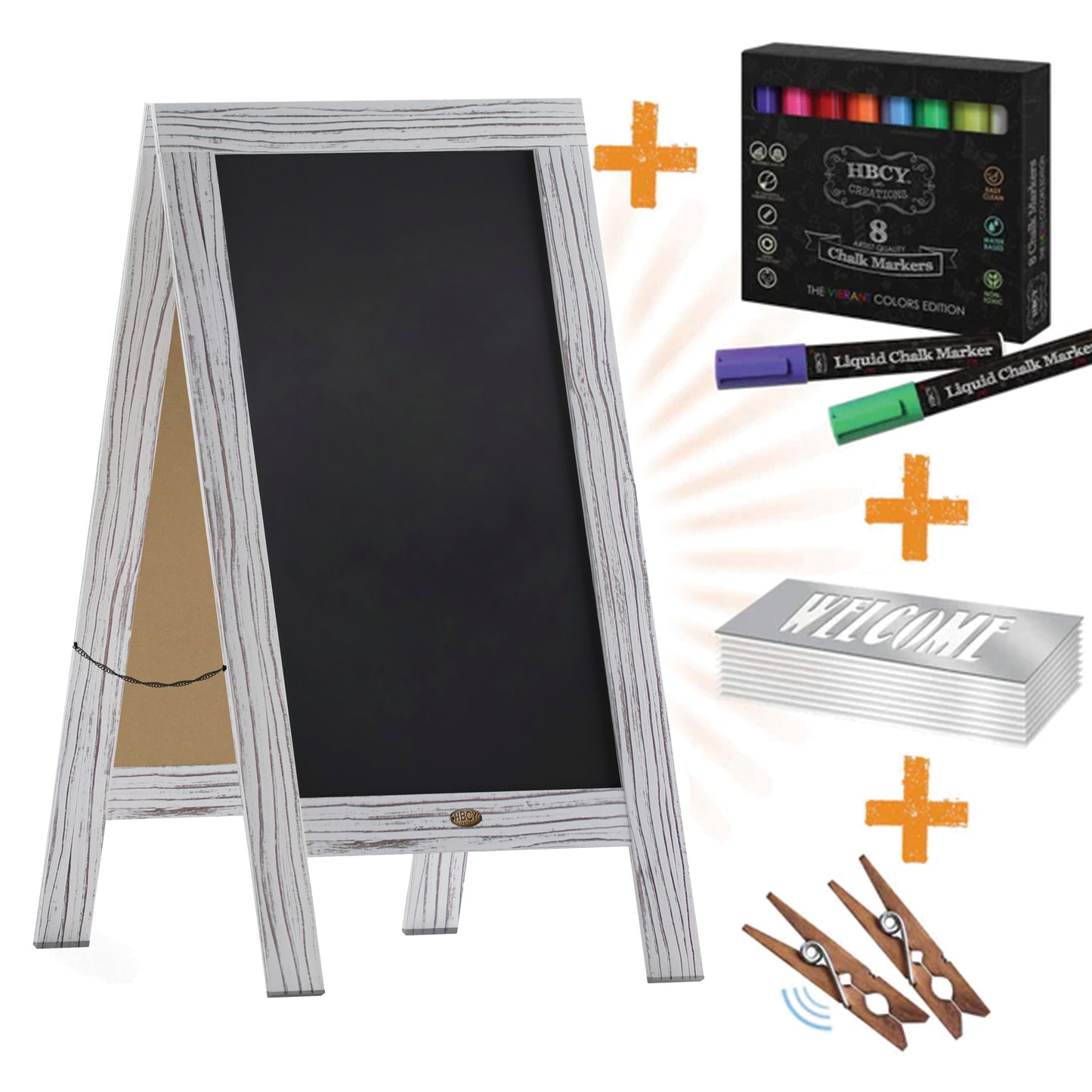 Canterbury 40" x 20" Whitewashed Wooden Indoor/Outdoor A-Frame Magnetic Chalkboard Sign Set - 8 Chalk Markers, 10 Stencils, 2 Magnets, and Eraser White Wash
