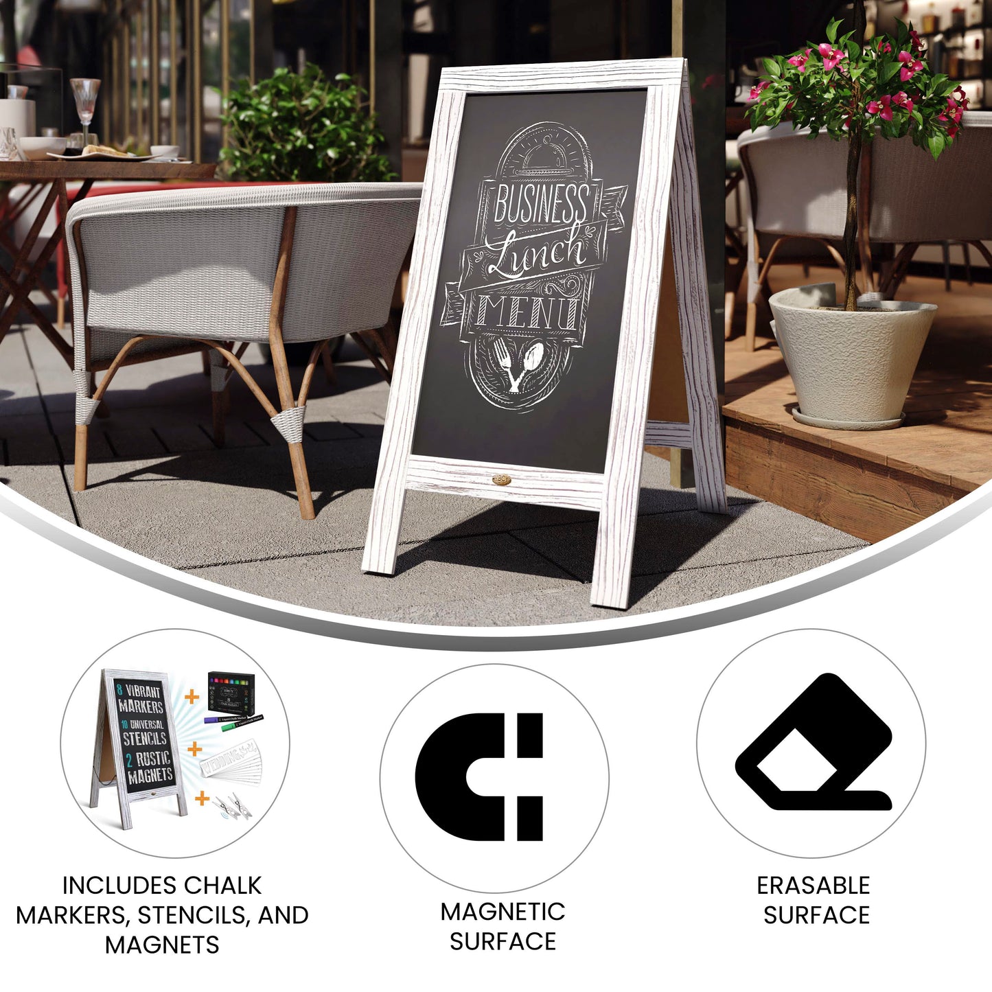 Canterbury 40" x 20" Whitewashed Wooden Indoor/Outdoor A-Frame Magnetic Chalkboard Sign Set - 8 Chalk Markers, 10 Stencils, 2 Magnets, and Eraser White Wash