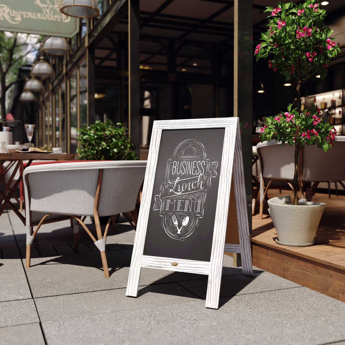 Canterbury 40" x 20" Whitewashed Wooden Indoor/Outdoor A-Frame Magnetic Chalkboard Sign Set - 8 Chalk Markers, 10 Stencils, 2 Magnets, and Eraser White Wash
