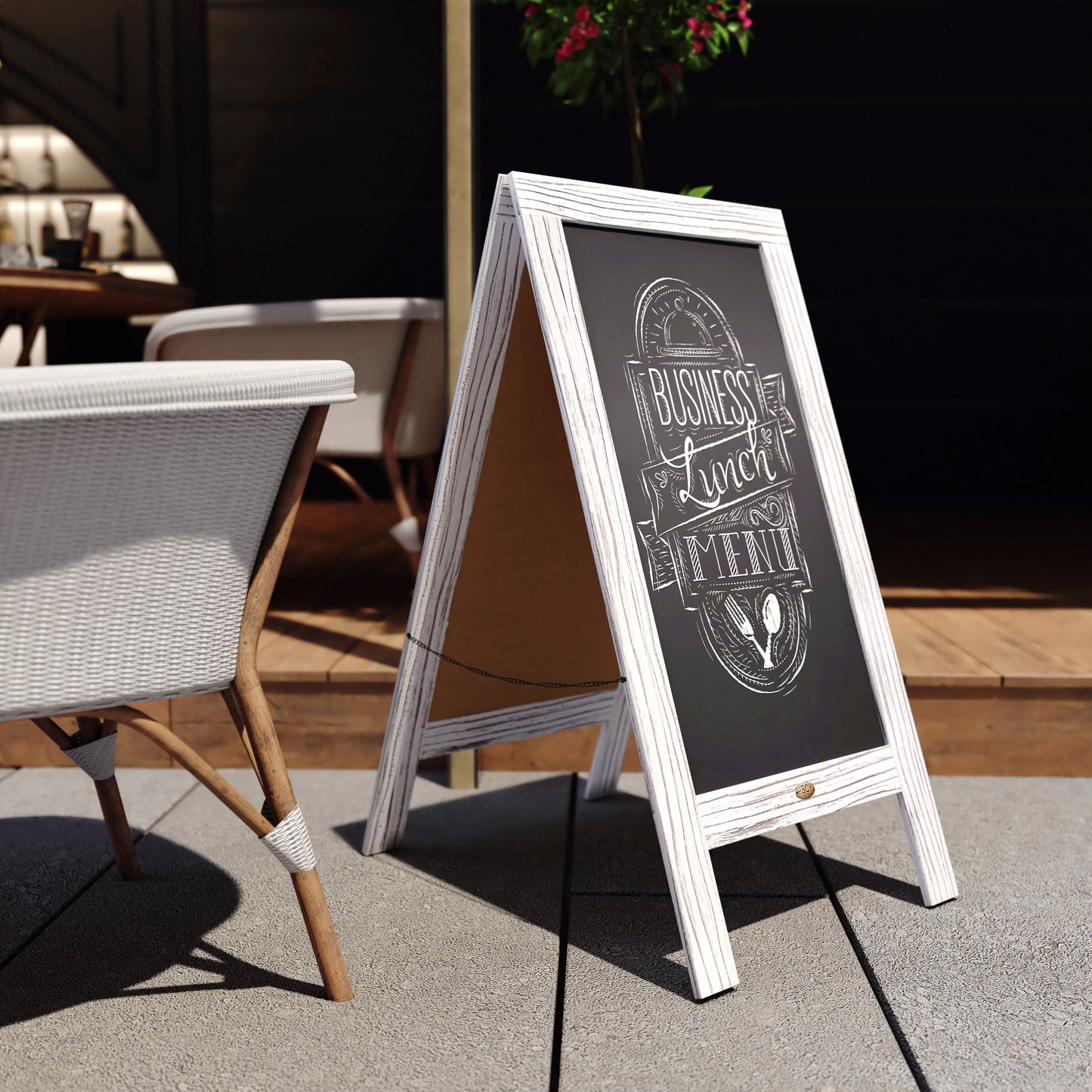 Canterbury 40" x 20" Whitewashed Wooden Indoor/Outdoor A-Frame Magnetic Chalkboard Sign Set - 8 Chalk Markers, 10 Stencils, 2 Magnets, and Eraser White Wash