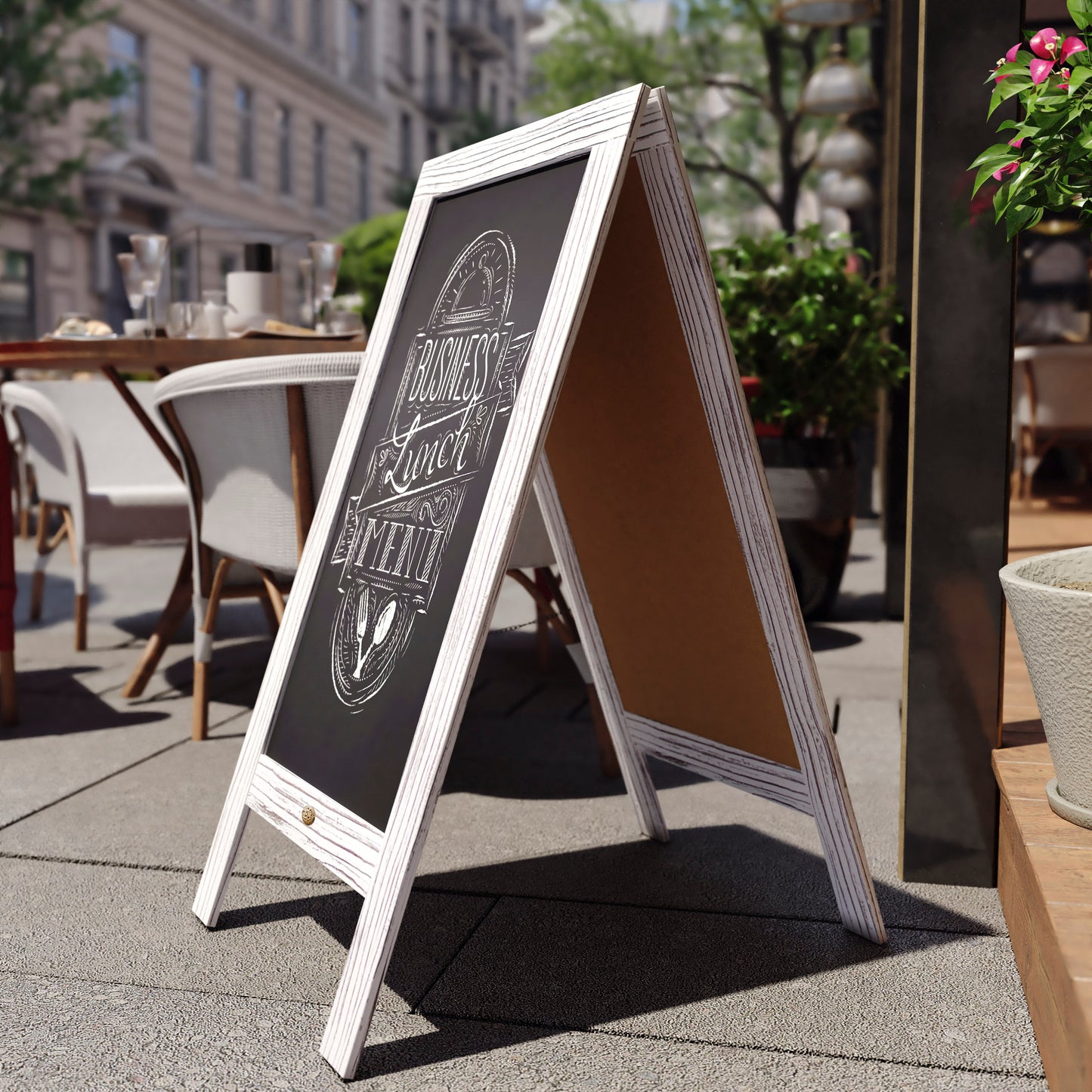 Canterbury 40" x 20" Whitewashed Wooden Indoor/Outdoor A-Frame Magnetic Chalkboard Sign Set - 8 Chalk Markers, 10 Stencils, 2 Magnets, and Eraser White Wash