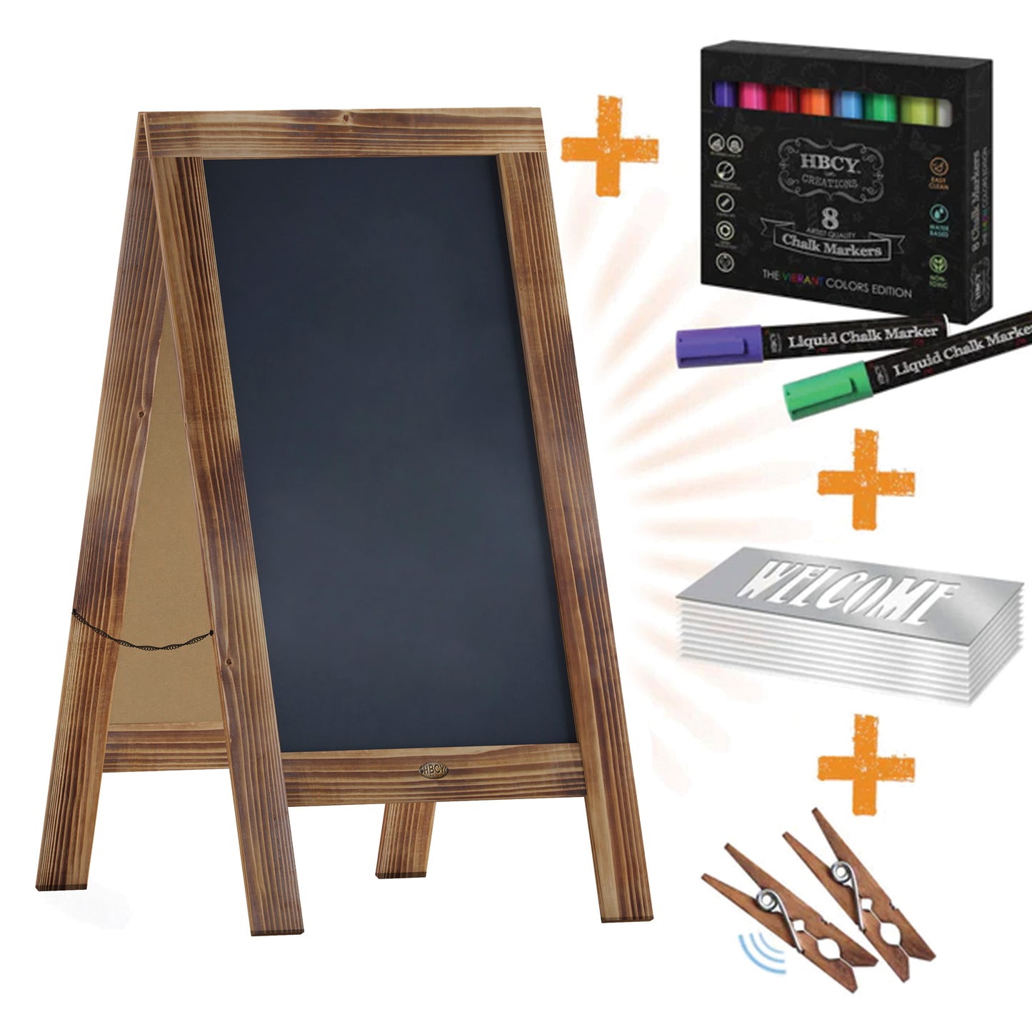 Canterbury 40" x 20" Rustic Brown Wooden Indoor/Outdoor A-Frame Magnetic Chalkboard Sign Set with 8 Chalk Markers, 10 Stencils, 2 Magnets, and Eraser Rustic Brown