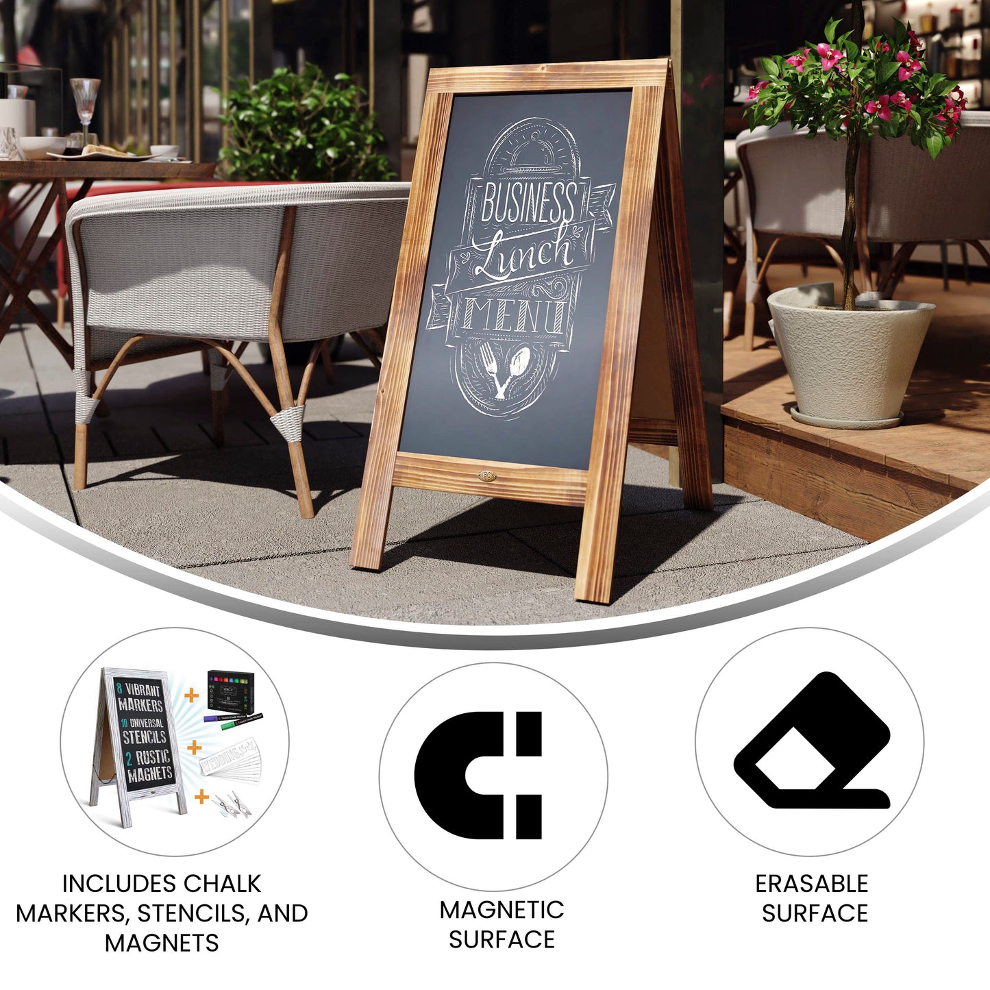 Canterbury 40" x 20" Rustic Brown Wooden Indoor/Outdoor A-Frame Magnetic Chalkboard Sign Set with 8 Chalk Markers, 10 Stencils, 2 Magnets, and Eraser Rustic Brown