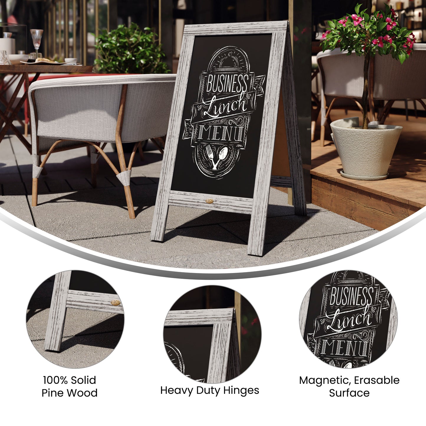 Canterbury 40" x 20" Vintage Wooden A-Frame Magnetic Indoor/Outdoor Chalkboard Sign, Freestanding Double Sided Extra Large Message Board, Graywash Graywash