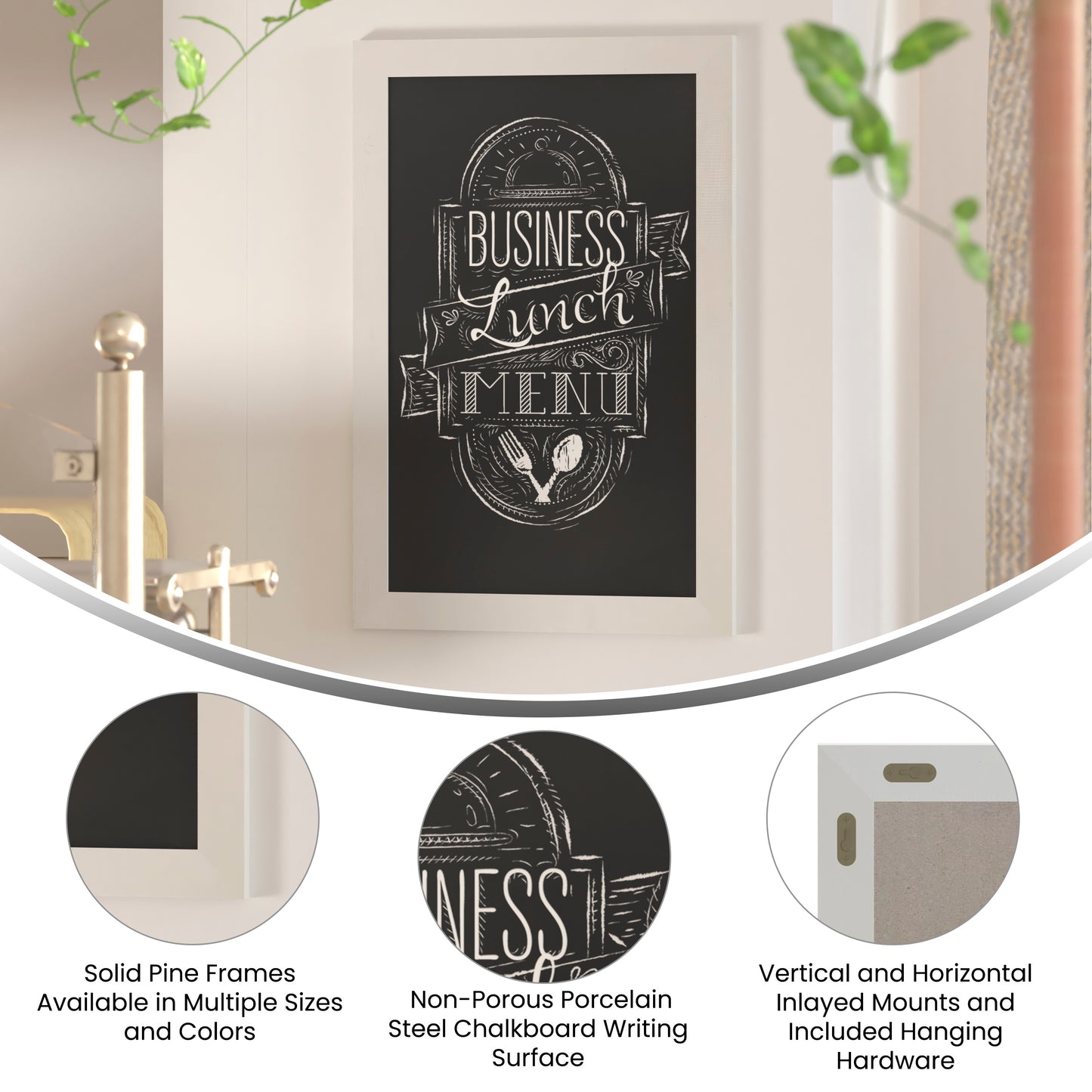 Canterbury 20" x 30" White Wall Mount Magnetic Chalkboard Sign with Eraser, Hanging Wall Chalkboard Memo Board for Home, School, or Business Solid White