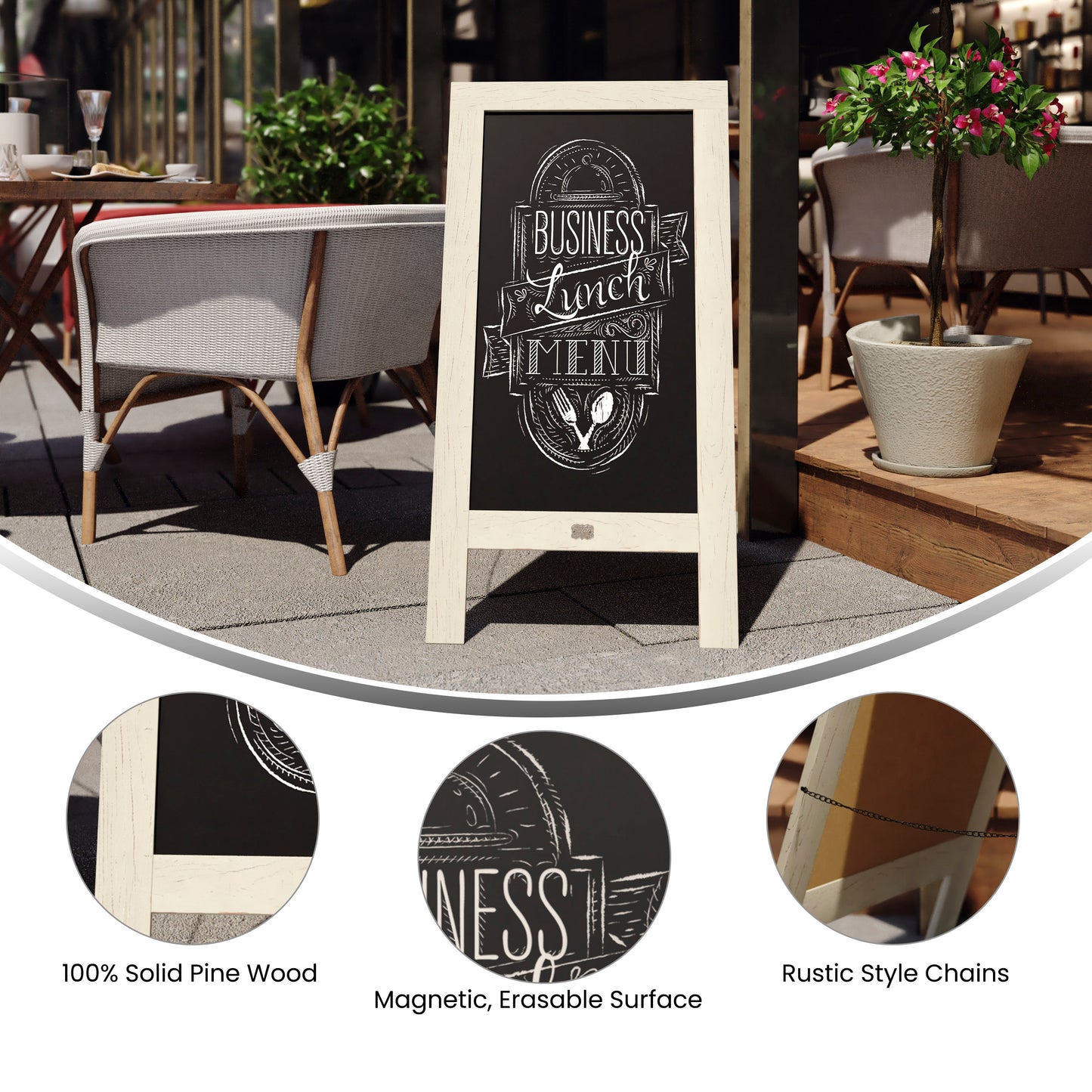 Canterbury 40" x 20" Vintage Wooden A-Frame Magnetic Indoor/Outdoor Chalkboard Sign, Freestanding Double Sided Extra Large Message Board, White Solid White HGWA-GDI-CRE8-454315-GG