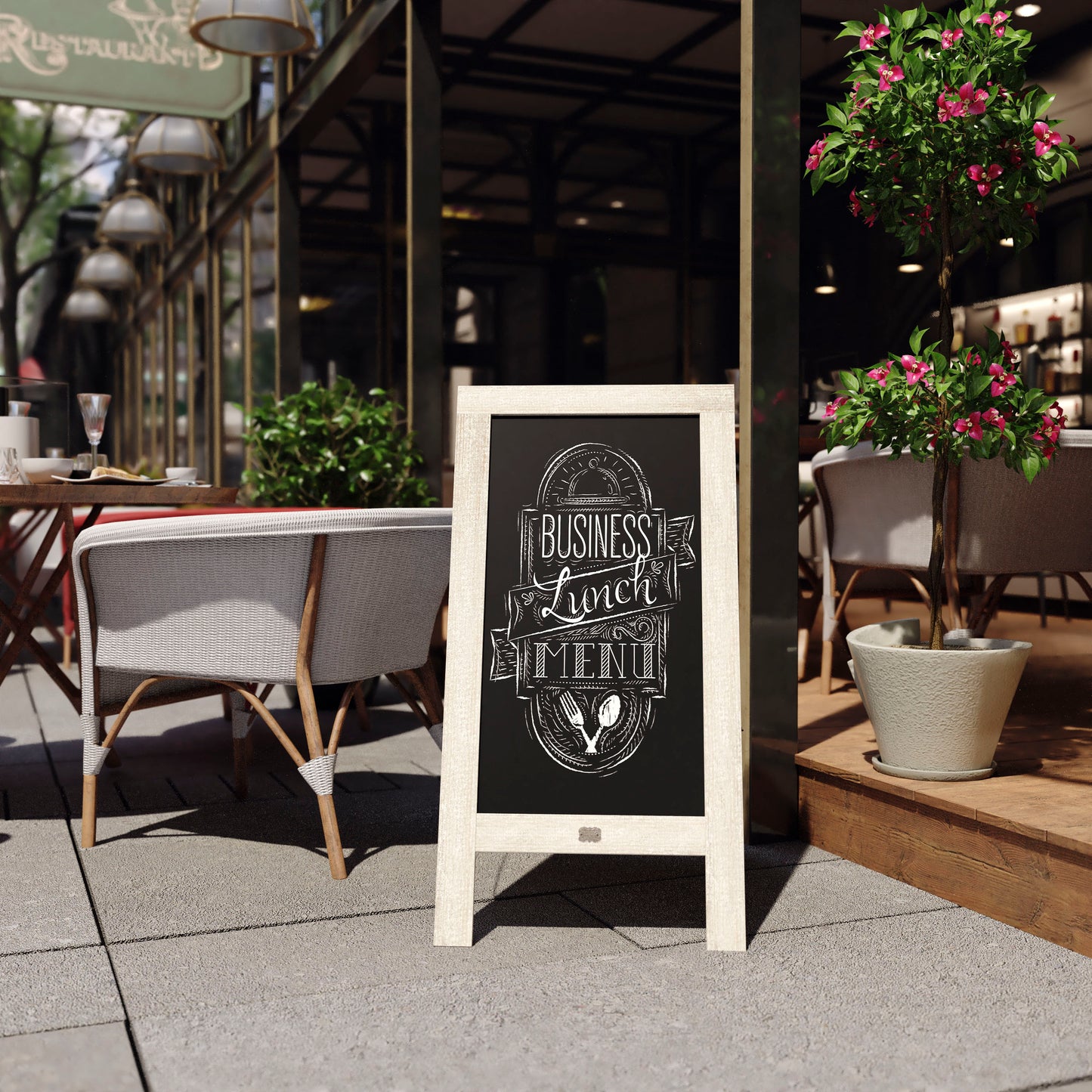 Canterbury 40" x 20" Weathered Wooden Indoor/Outdoor A-Frame Magnetic Chalkboard Sign Set with 8 Chalk Markers, 10 Stencils, and 2 Magnets, and Eraser Weathered Brown