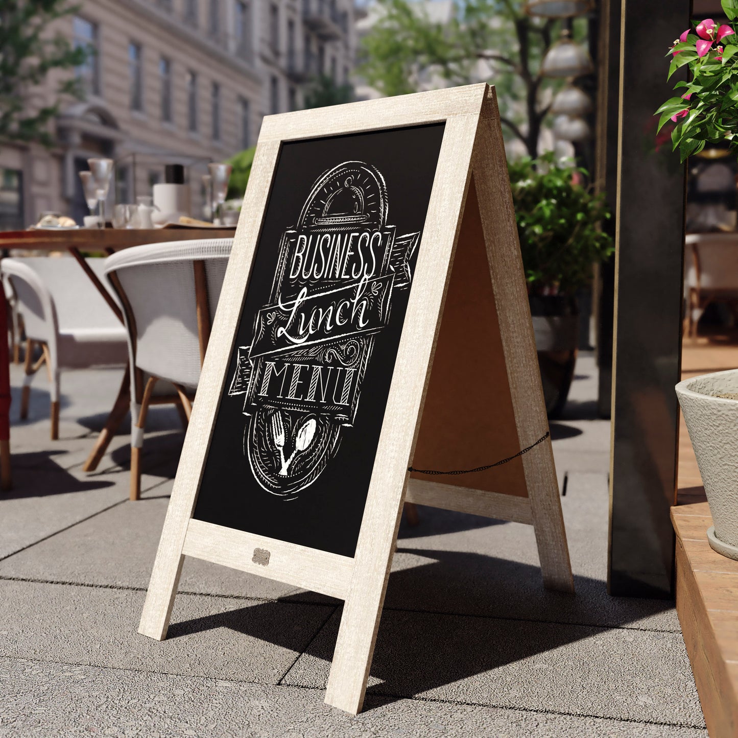 Canterbury 40" x 20" Weathered Wooden Indoor/Outdoor A-Frame Magnetic Chalkboard Sign Set with 8 Chalk Markers, 10 Stencils, and 2 Magnets, and Eraser Weathered Brown