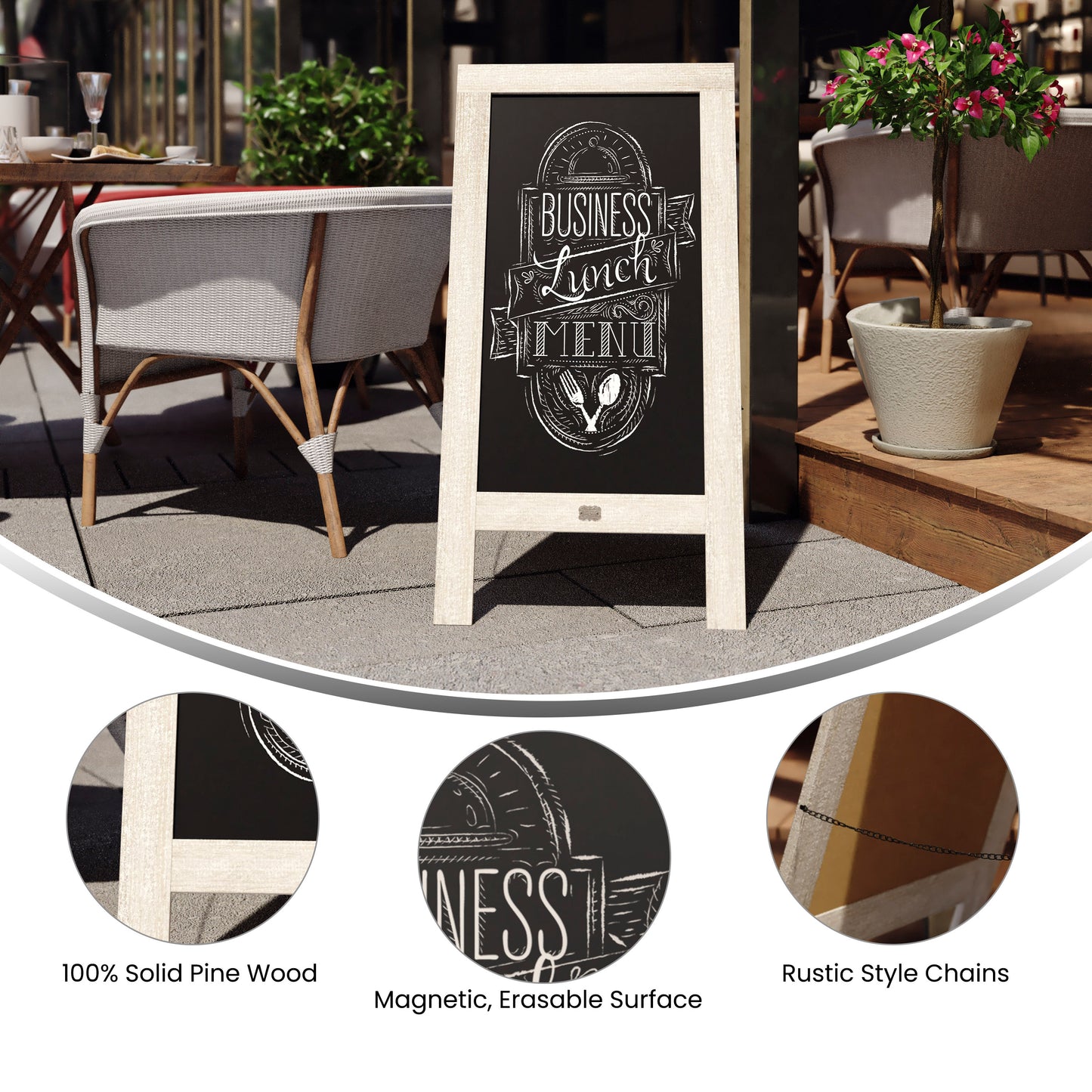 Canterbury 40" x 20" Weathered Wooden Indoor/Outdoor A-Frame Magnetic Chalkboard Sign Set with 8 Chalk Markers, 10 Stencils, and 2 Magnets, and Eraser Weathered Brown
