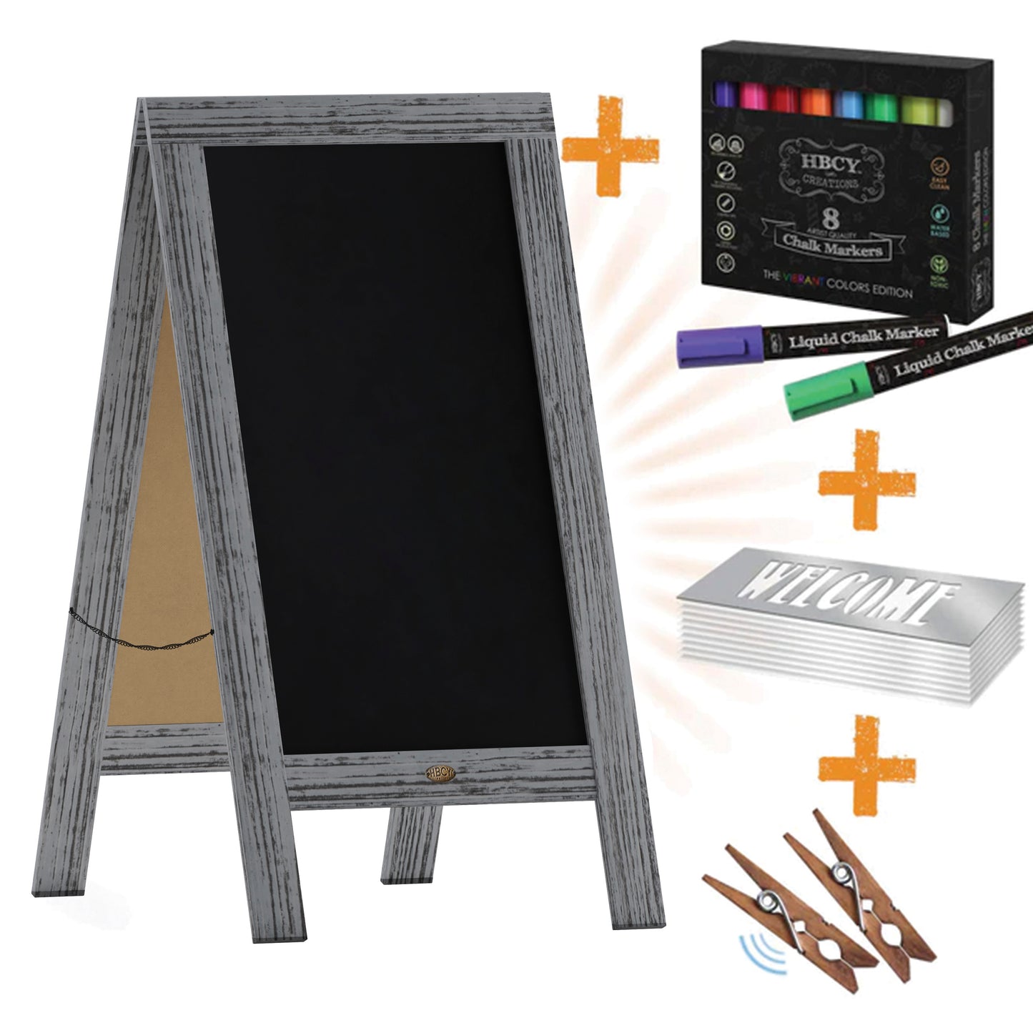 Canterbury 40" x 20" Graywashed Wooden Indoor/Outdoor A-Frame Magnetic Chalkboard Sign Set with 8 Chalk Markers, 10 Stencils, 2 Magnets, and Eraser Gray Wash