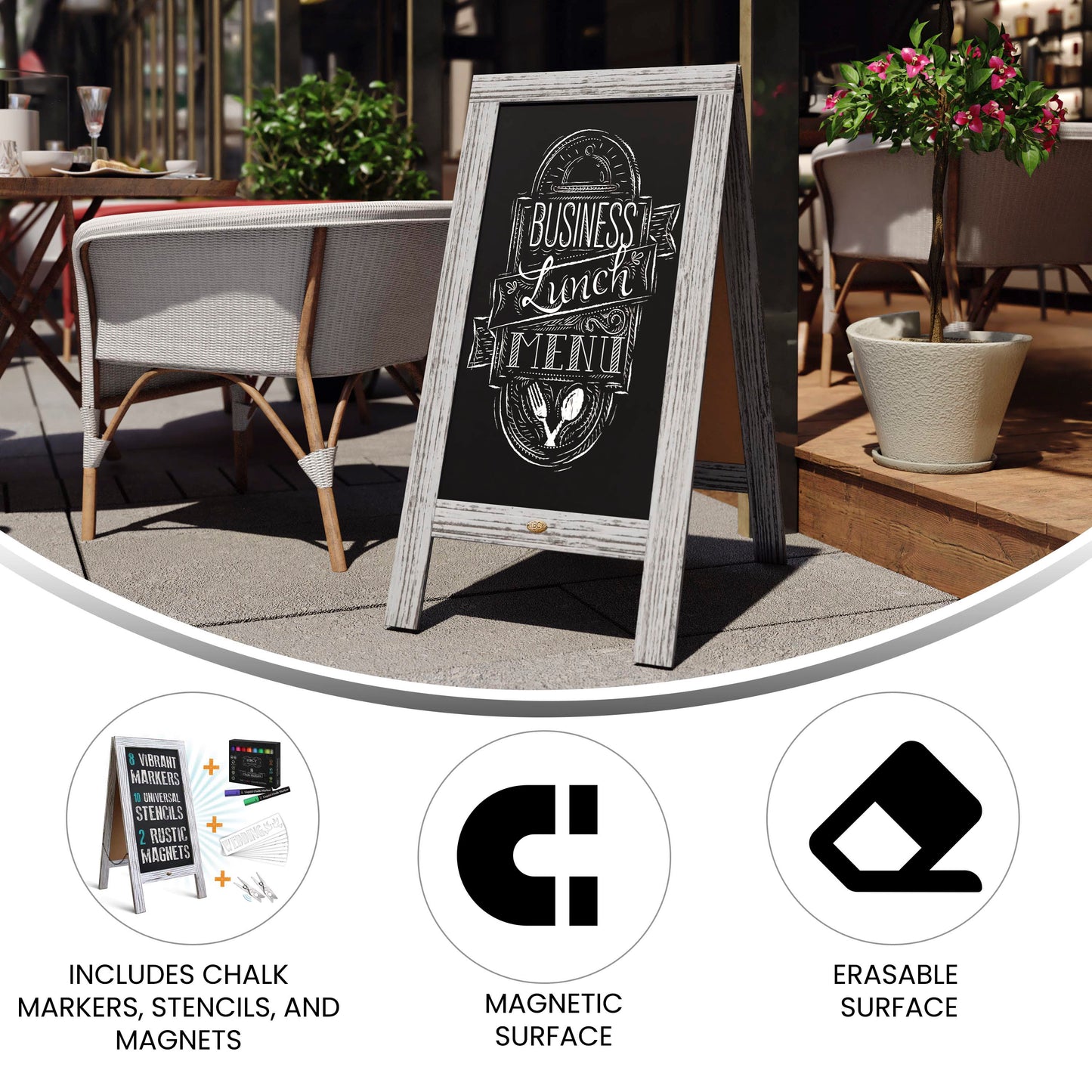 Canterbury 40" x 20" Graywashed Wooden Indoor/Outdoor A-Frame Magnetic Chalkboard Sign Set with 8 Chalk Markers, 10 Stencils, 2 Magnets, and Eraser Gray Wash