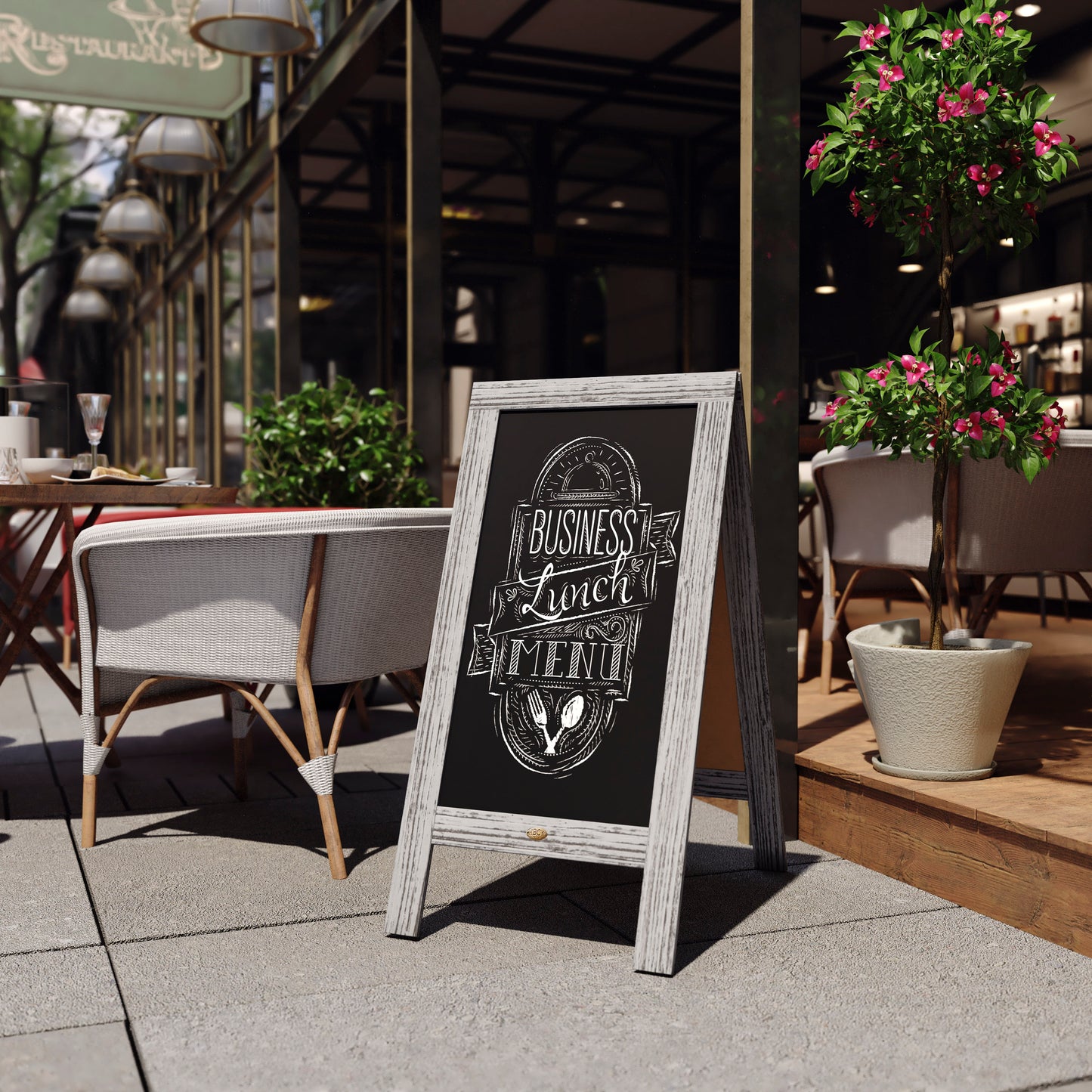 Canterbury 40" x 20" Graywashed Wooden Indoor/Outdoor A-Frame Magnetic Chalkboard Sign Set with 8 Chalk Markers, 10 Stencils, 2 Magnets, and Eraser Gray Wash
