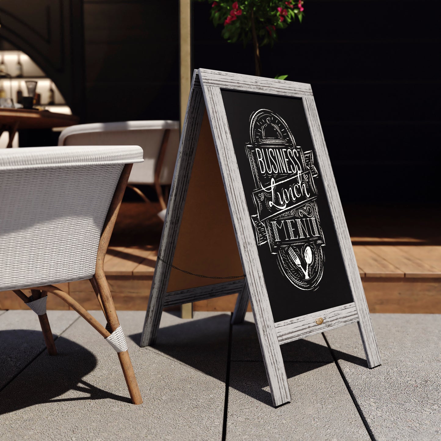 Canterbury 40" x 20" Graywashed Wooden Indoor/Outdoor A-Frame Magnetic Chalkboard Sign Set with 8 Chalk Markers, 10 Stencils, 2 Magnets, and Eraser Gray Wash