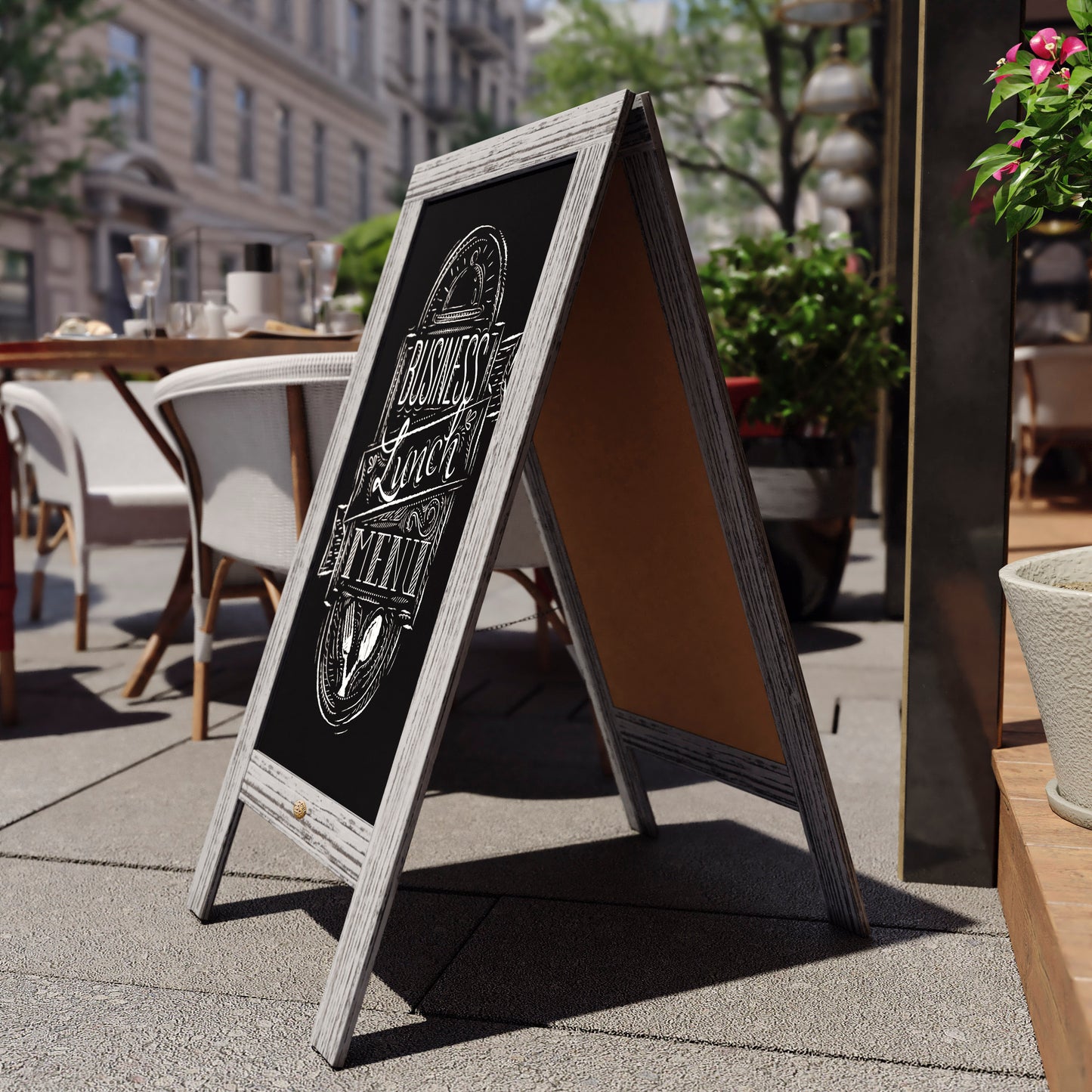 Canterbury 40" x 20" Graywashed Wooden Indoor/Outdoor A-Frame Magnetic Chalkboard Sign Set with 8 Chalk Markers, 10 Stencils, 2 Magnets, and Eraser Gray Wash