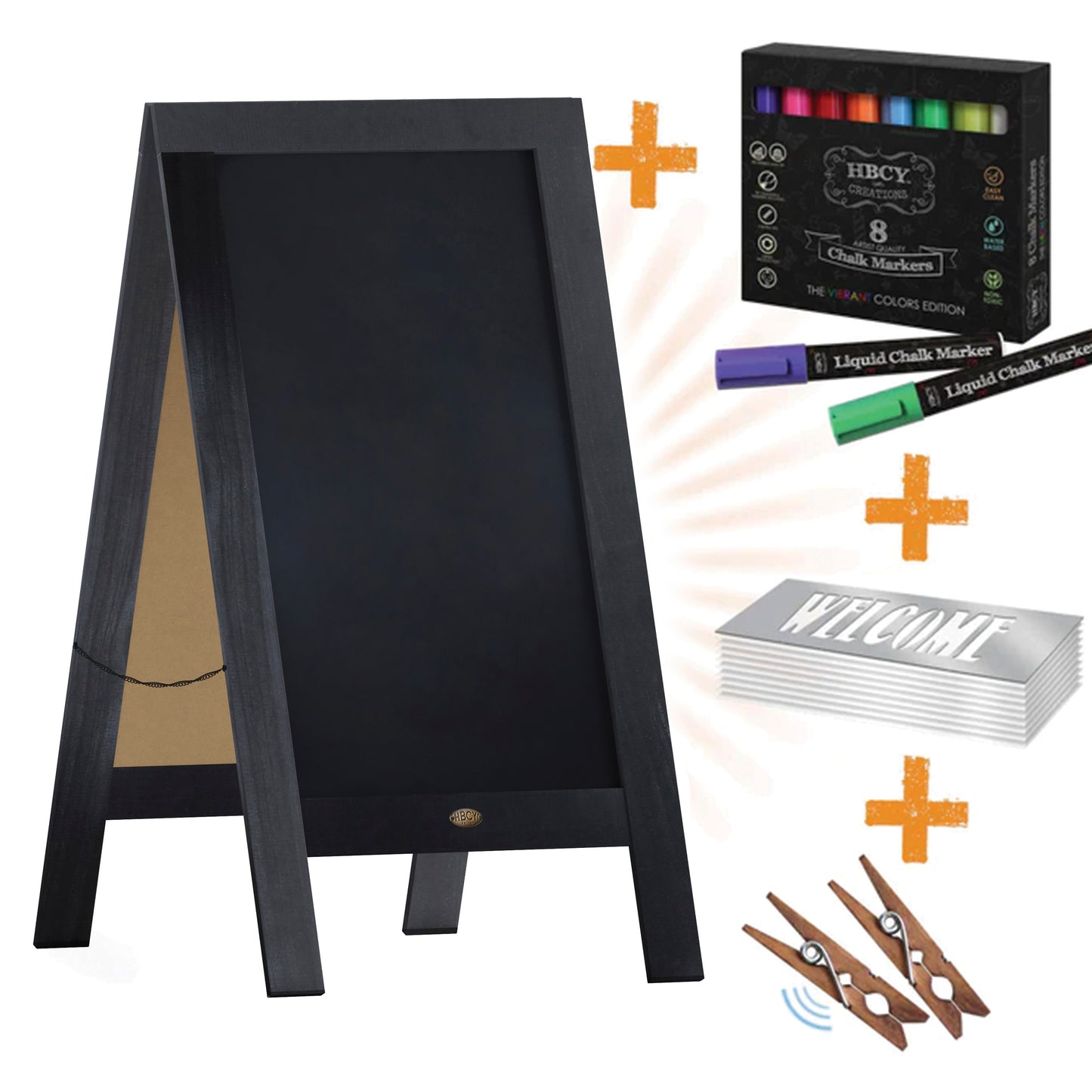 Canterbury 40" x 20" Black Wooden Indoor/Outdoor A-Frame Magnetic Chalkboard Sign Set with 8 Chalk Markers, 10 Stencils, and 2 Magnets, and Eraser Black