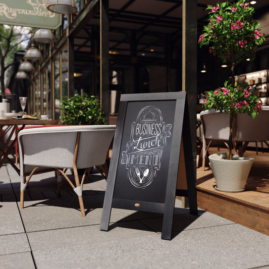 Canterbury 40" x 20" Black Wooden Indoor/Outdoor A-Frame Magnetic Chalkboard Sign Set with 8 Chalk Markers, 10 Stencils, and 2 Magnets, and Eraser Black