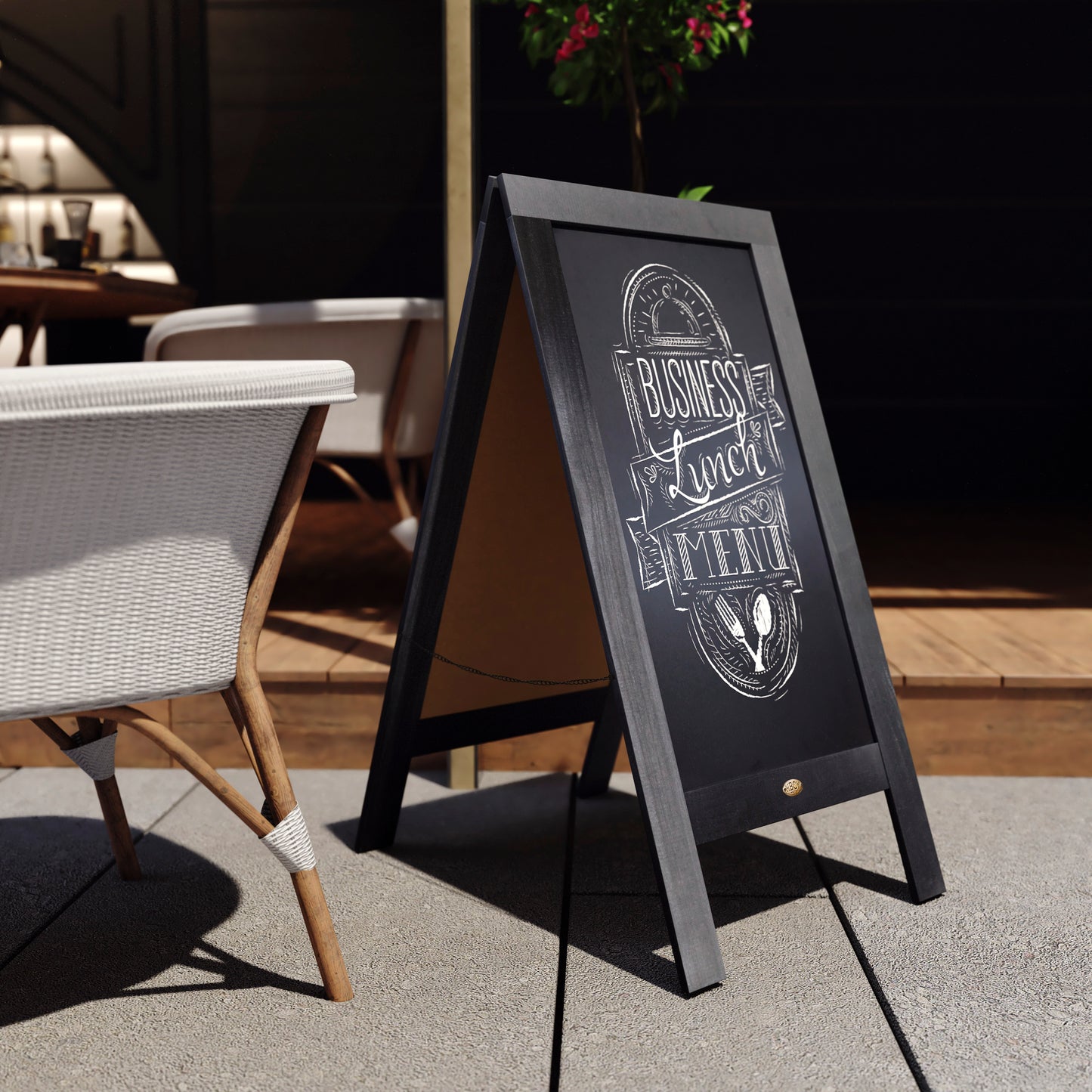 Canterbury 40" x 20" Black Wooden Indoor/Outdoor A-Frame Magnetic Chalkboard Sign Set with 8 Chalk Markers, 10 Stencils, and 2 Magnets, and Eraser Black