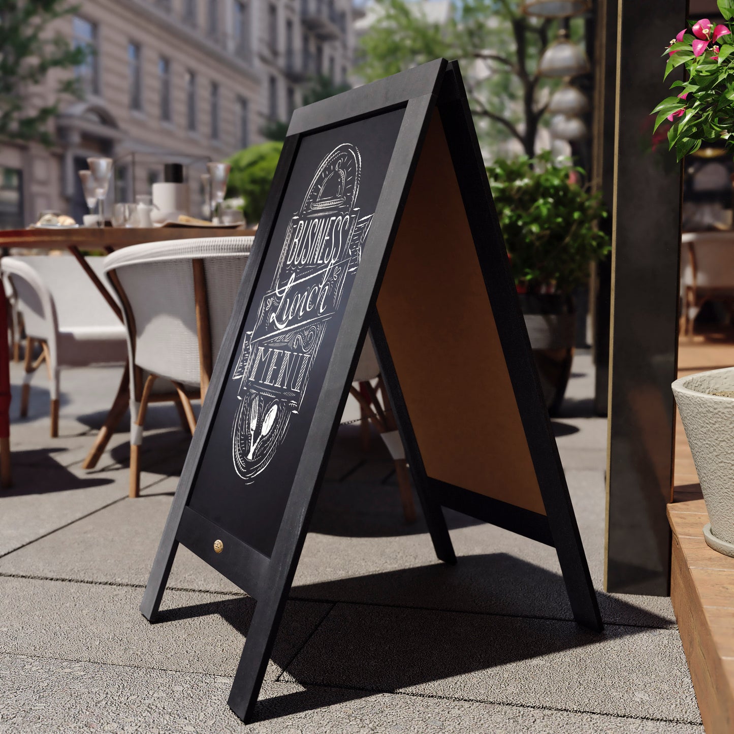 Canterbury 40" x 20" Black Wooden Indoor/Outdoor A-Frame Magnetic Chalkboard Sign Set with 8 Chalk Markers, 10 Stencils, and 2 Magnets, and Eraser Black
