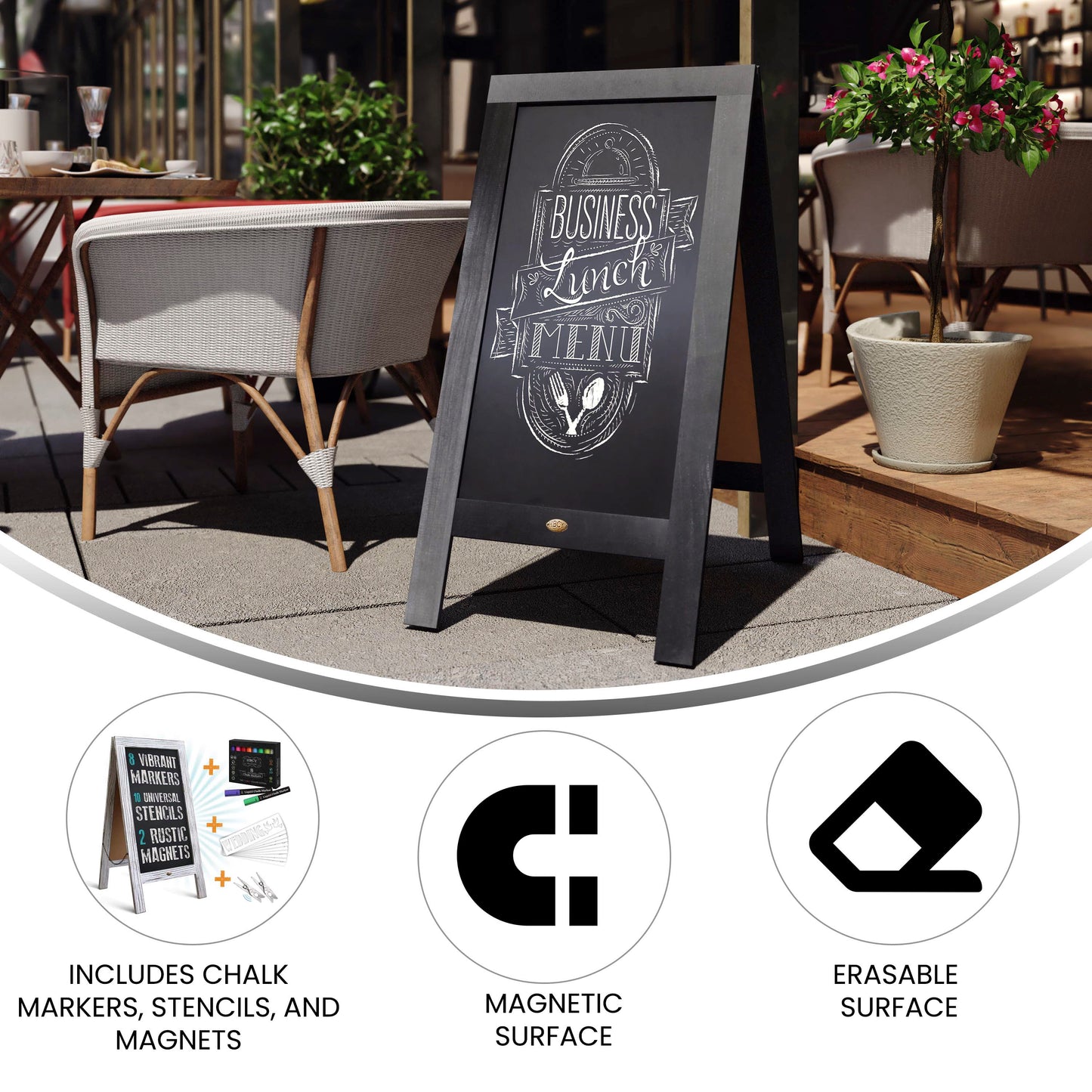 Canterbury 40" x 20" Black Wooden Indoor/Outdoor A-Frame Magnetic Chalkboard Sign Set with 8 Chalk Markers, 10 Stencils, and 2 Magnets, and Eraser Black