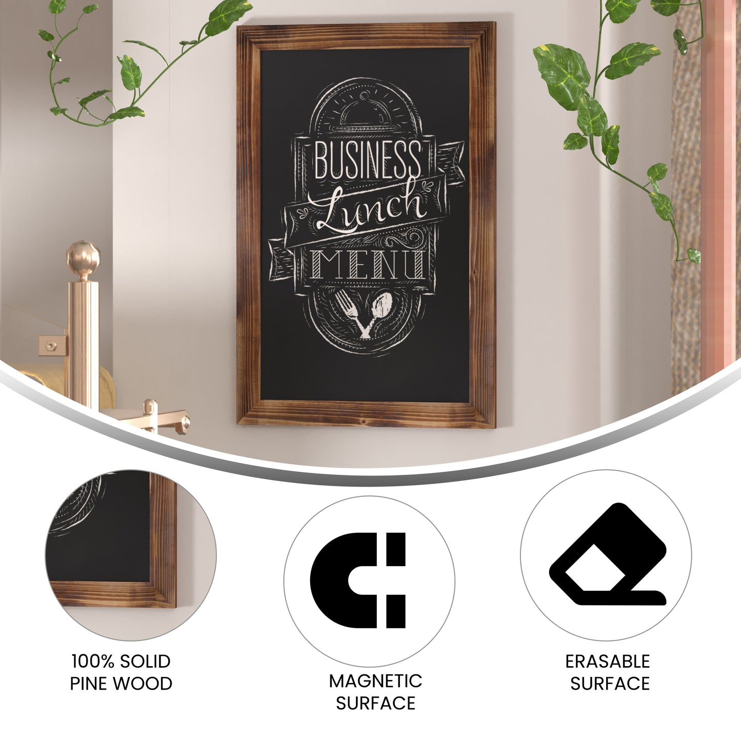 Canterbury 20" x 30" Torched Wood Wall Mount Magnetic Chalkboard Sign with Eraser, Hanging Wall Chalkboard Memo Board for Home, School, or Business Torched Brown HGWA-GDIS-CRE8-462315-GG