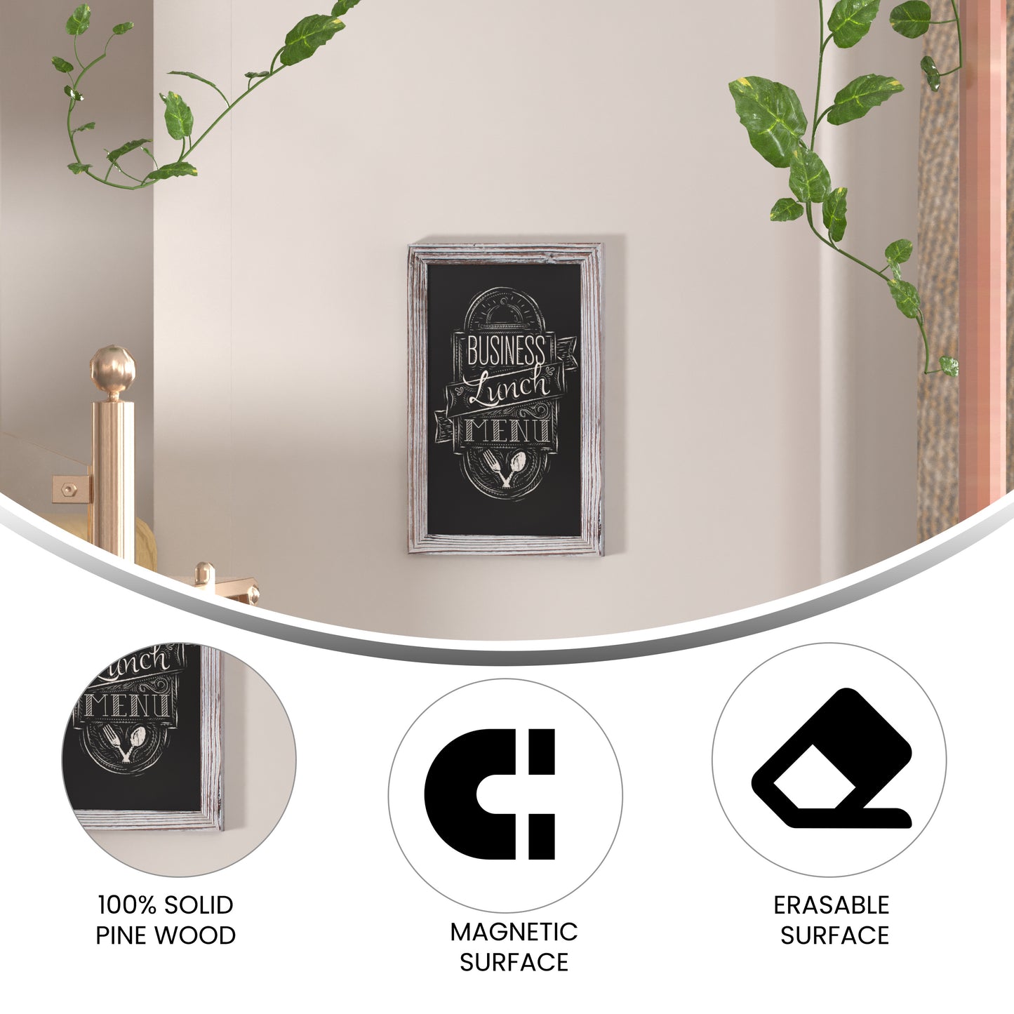 Canterbury 11" x 17" Whitewashed Wall Mount Magnetic Chalkboard Sign with Eraser, Hanging Wall Chalkboard Memo Board for Home, School, or Business White Washed