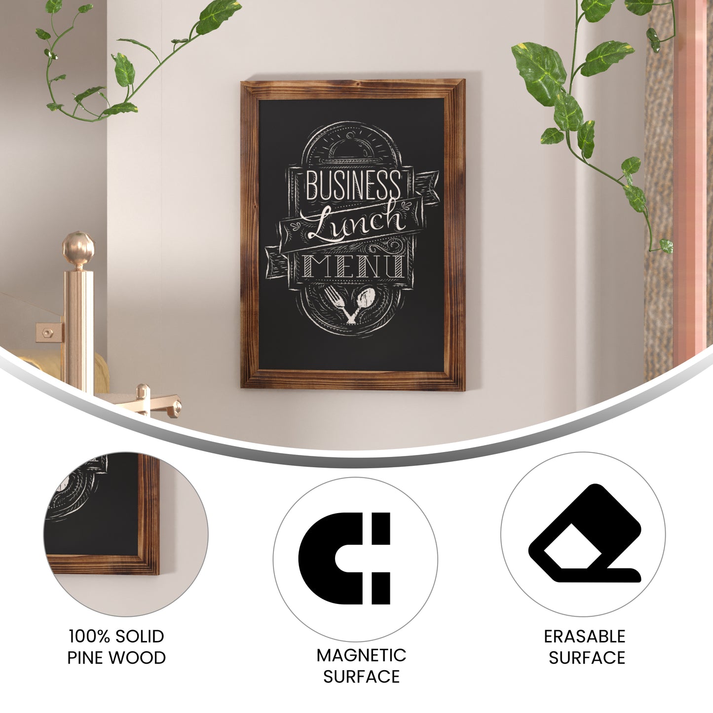 Canterbury 18" x 24" Torched Wood Wall Mount Magnetic Chalkboard Sign with Eraser, Hanging Wall Chalkboard Memo Board for Home, School, or Business Torched Brown