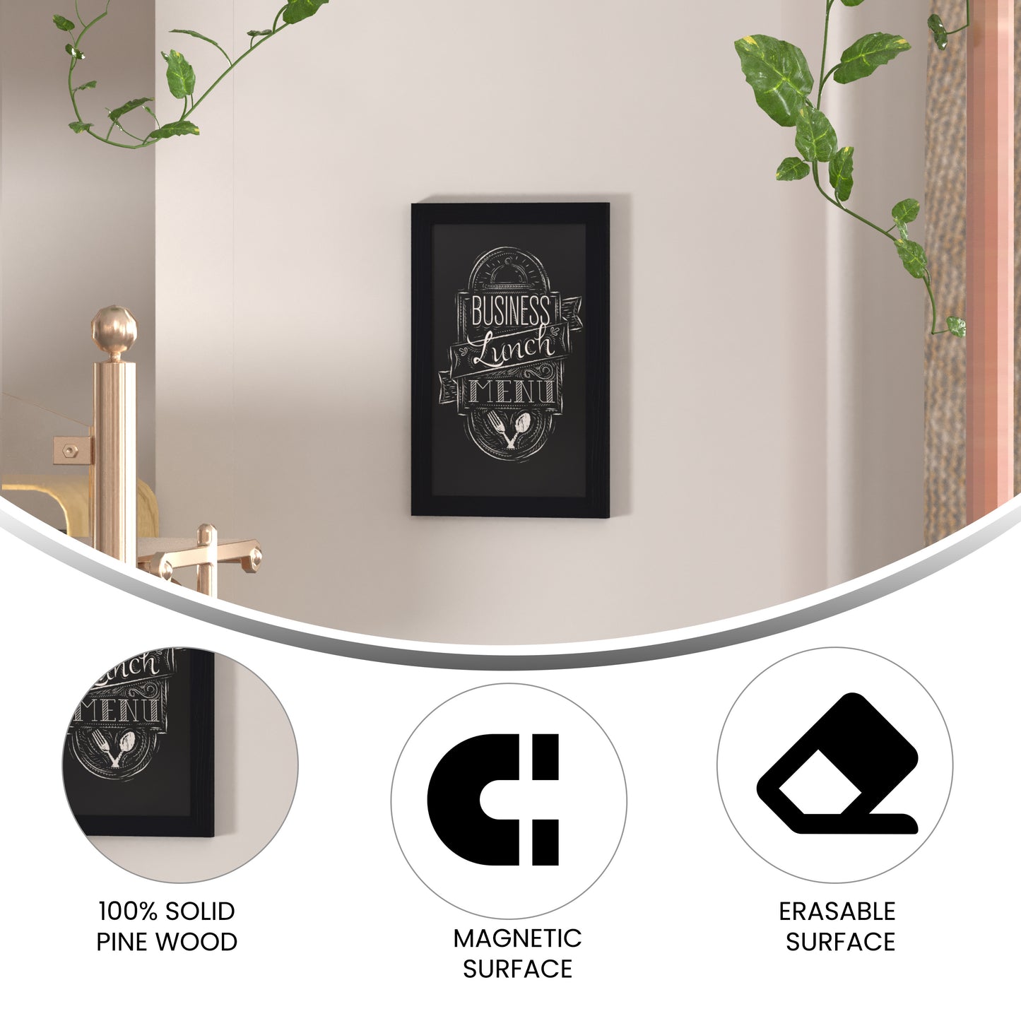 Canterbury 11" x 17" Black Wall Mount Magnetic Chalkboard Sign with Eraser, Hanging Wall Chalkboard Memo Board for Home, School, or Business Black HGWA-GDIS-CRE8-862315-GG