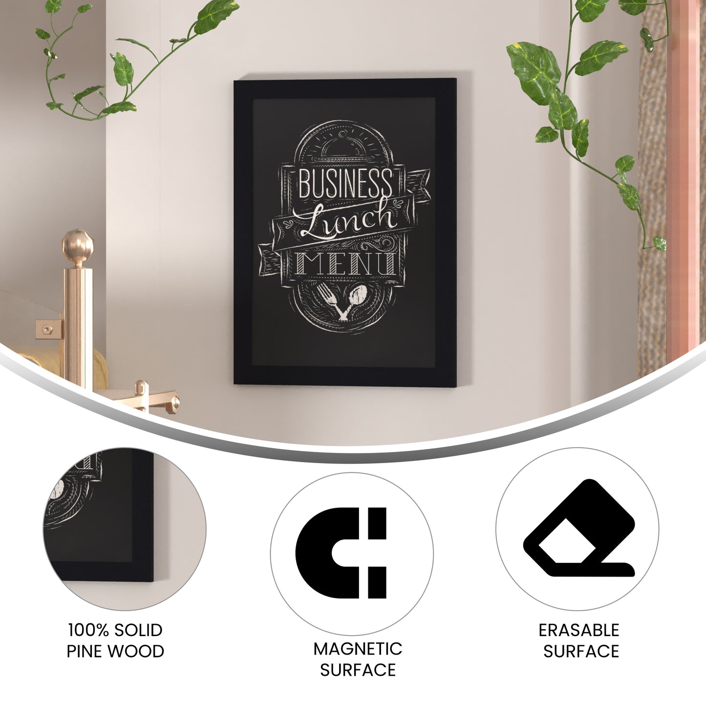 Canterbury 18" x 24" Black Wall Mount Magnetic Chalkboard Sign with Eraser, Hanging Wall Chalkboard Memo Board for Home, School, or Business Black HGWA-GDIS-CRE8-952315-GG