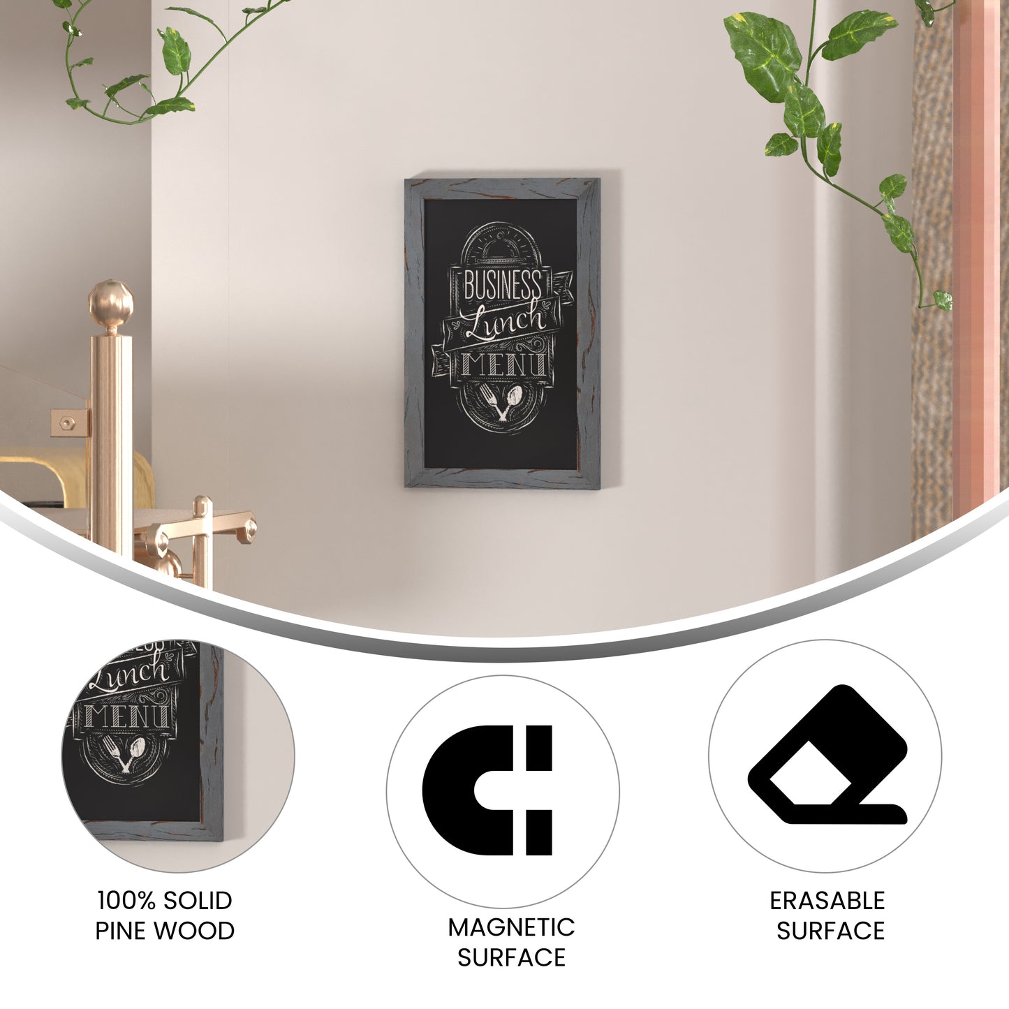 Canterbury 11" x 17" Rustic Gray Wall Mount Magnetic Chalkboard Sign with Eraser, Hanging Wall Chalkboard Memo Board for Home, School, or Business Grey HGWA-GDIS-CRE8-962315-GG
