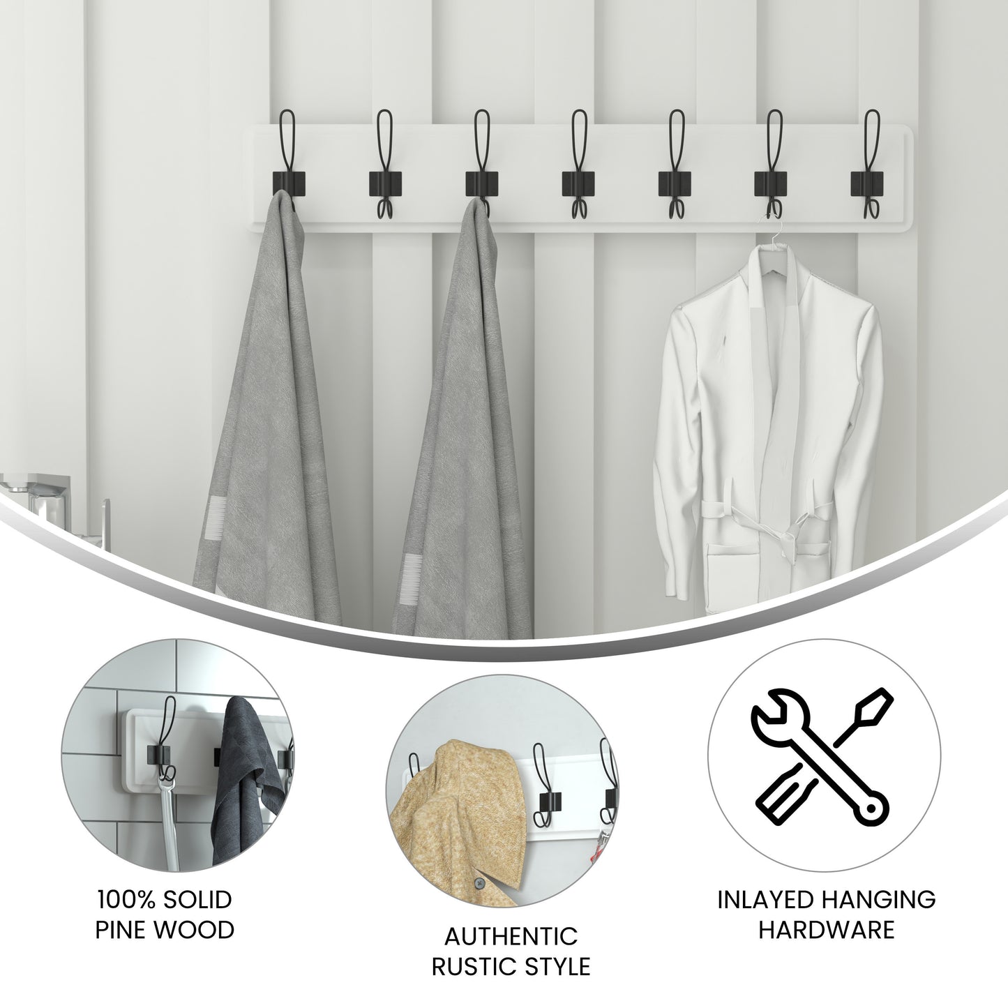 Daly Wall Mounted 34 Inch Solid White Pine Wood Storage Rack with 7 Hooks For Entryway, Kitchen, Bathroom Solid White