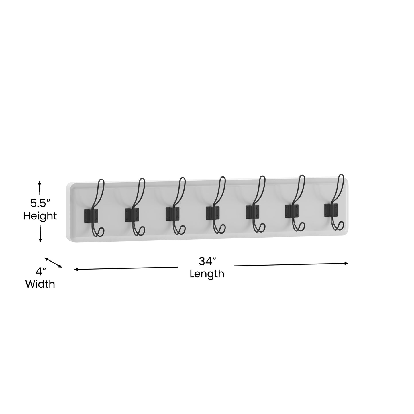 Daly Wall Mounted 34 Inch Solid White Pine Wood Storage Rack with 7 Hooks For Entryway, Kitchen, Bathroom Solid White