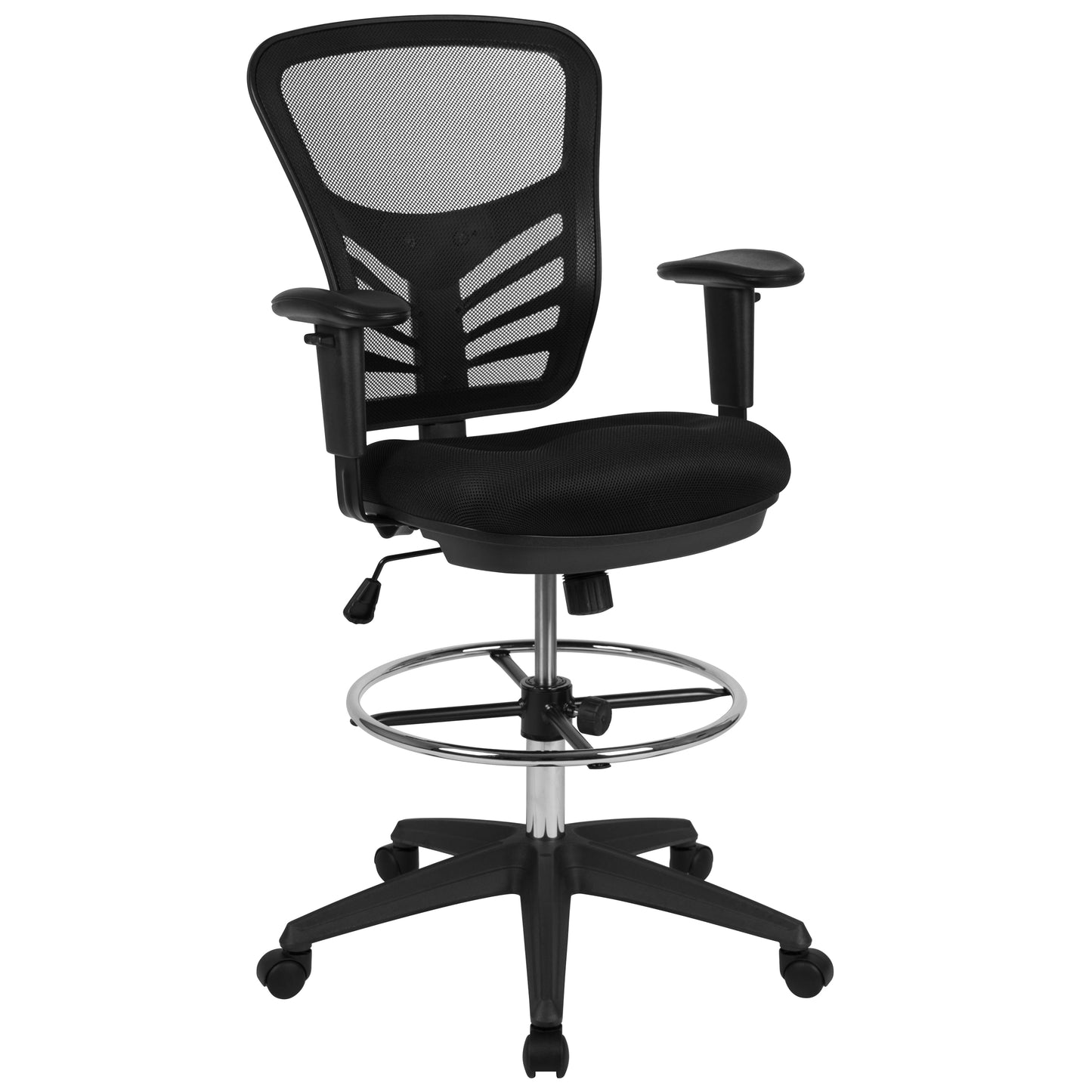 Tyler Mid-Back Black Mesh Ergonomic Drafting Chair with Adjustable Chrome Foot Ring, Adjustable Arms and Black Frame Black Mesh/Black Frame