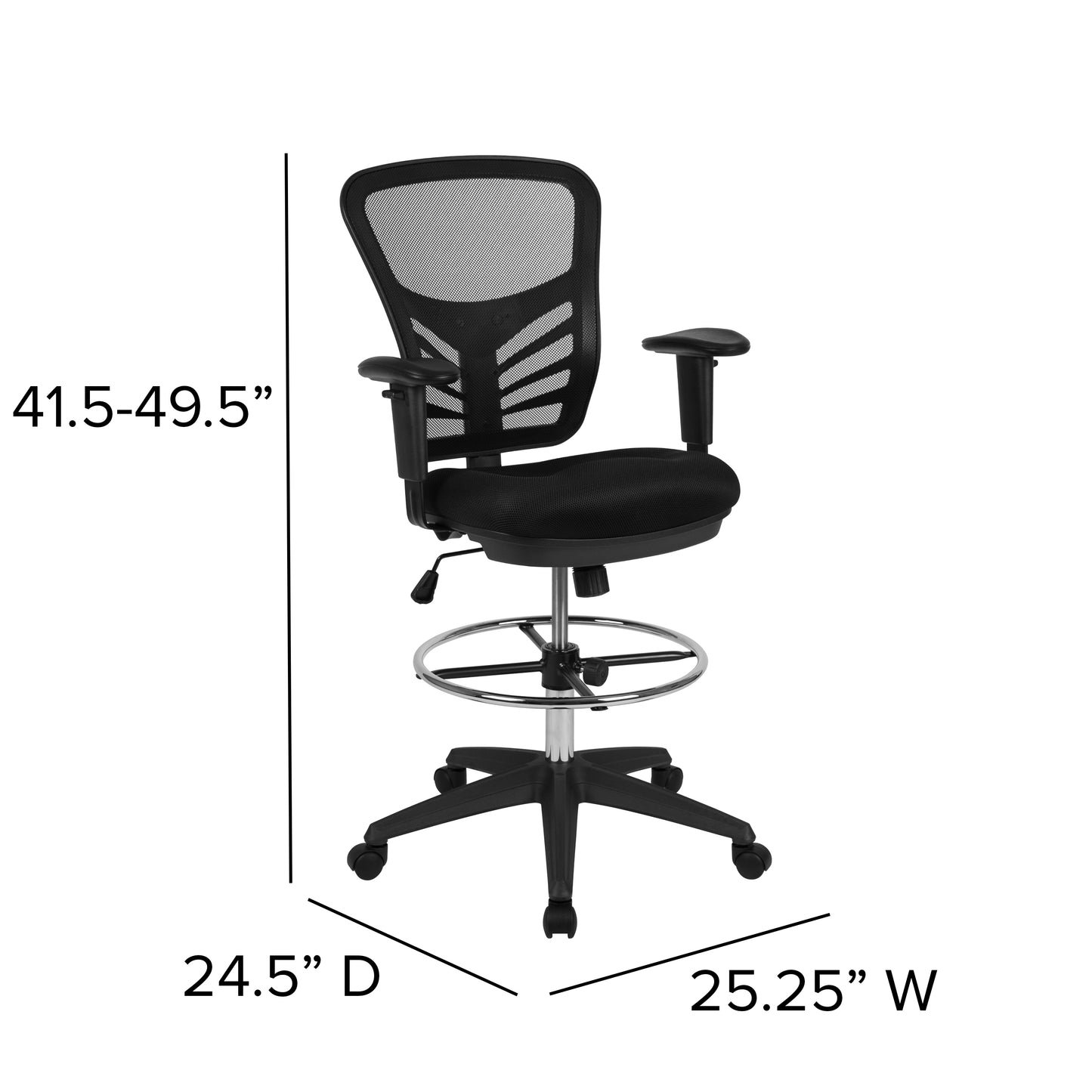 Tyler Mid-Back Black Mesh Ergonomic Drafting Chair with Adjustable Chrome Foot Ring, Adjustable Arms and Black Frame Black Mesh/Black Frame