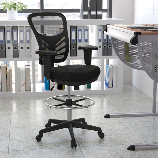 Tyler Mid-Back Black Mesh Ergonomic Drafting Chair with Adjustable Chrome Foot Ring, Adjustable Arms and Black Frame Black Mesh/Black Frame