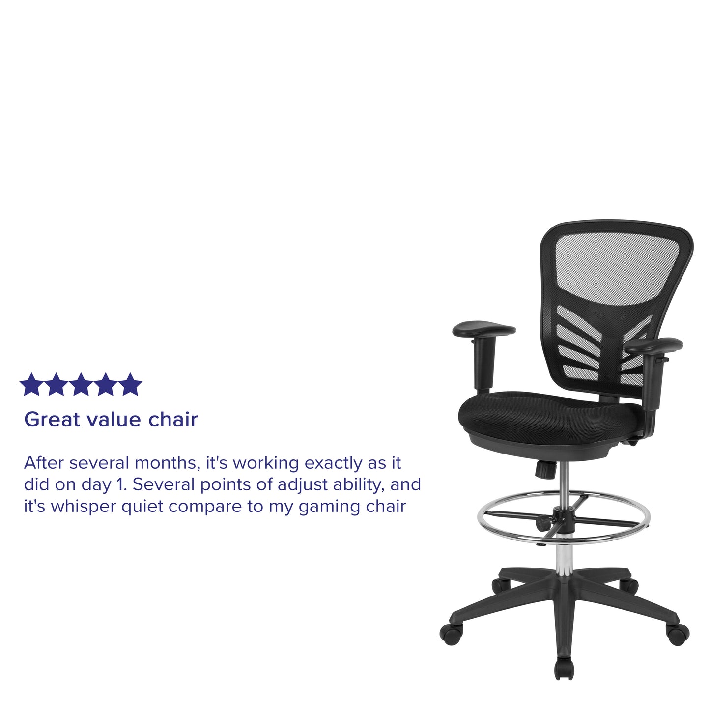 Tyler Mid-Back Black Mesh Ergonomic Drafting Chair with Adjustable Chrome Foot Ring, Adjustable Arms and Black Frame Black Mesh/Black Frame