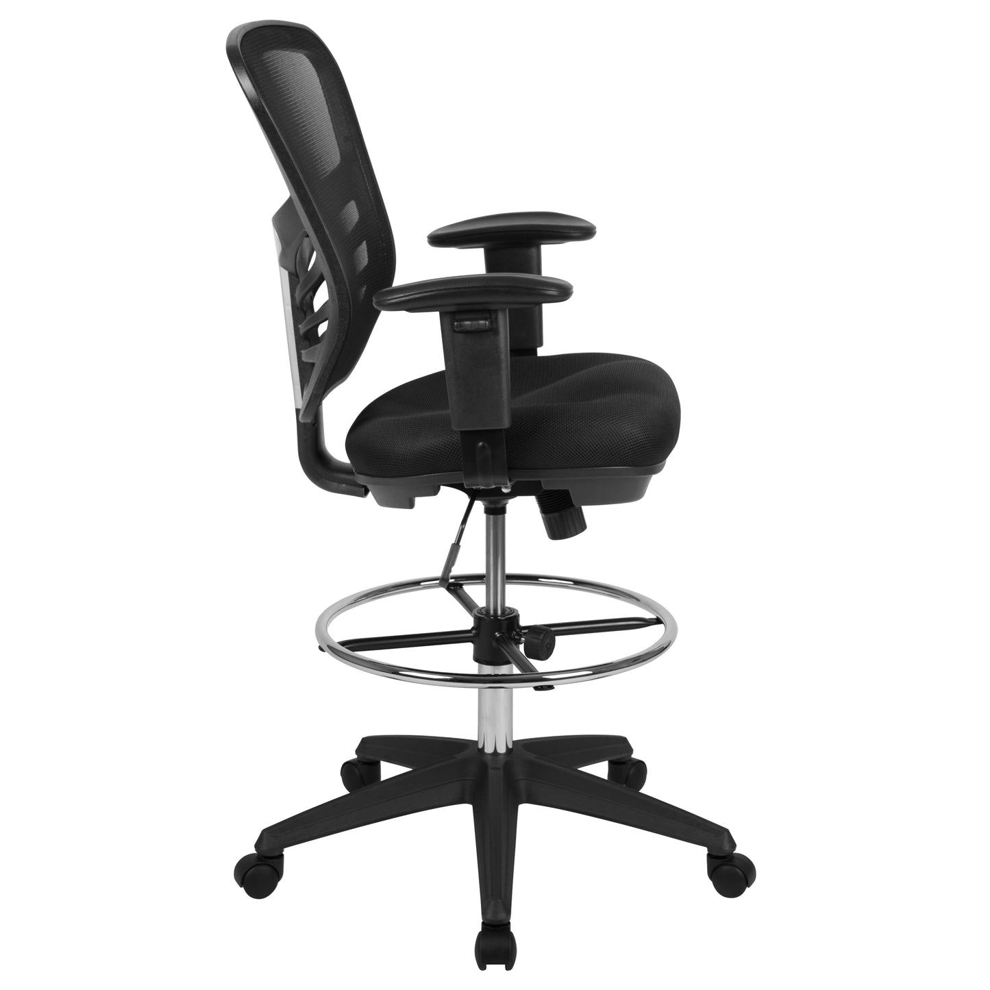 Tyler Mid-Back Black Mesh Ergonomic Drafting Chair with Adjustable Chrome Foot Ring, Adjustable Arms and Black Frame Black Mesh/Black Frame