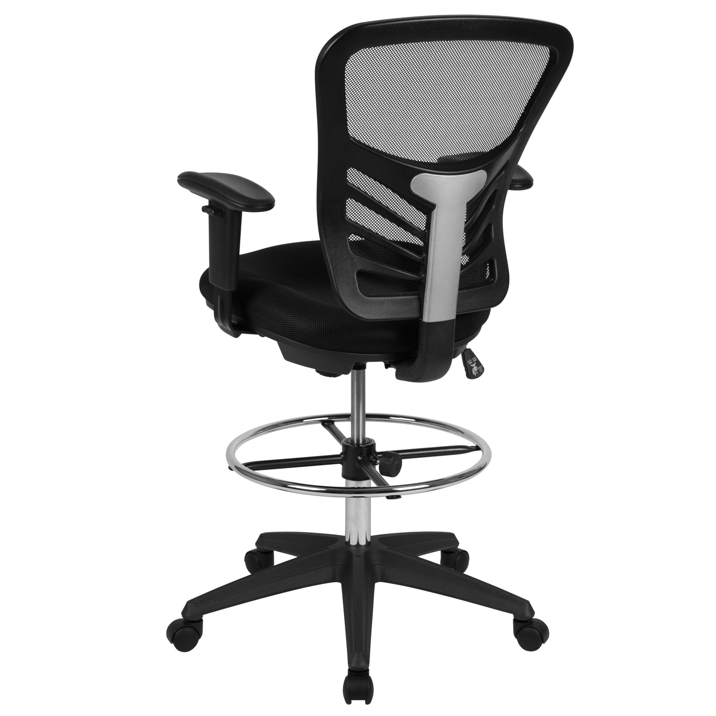 Tyler Mid-Back Black Mesh Ergonomic Drafting Chair with Adjustable Chrome Foot Ring, Adjustable Arms and Black Frame Black Mesh/Black Frame
