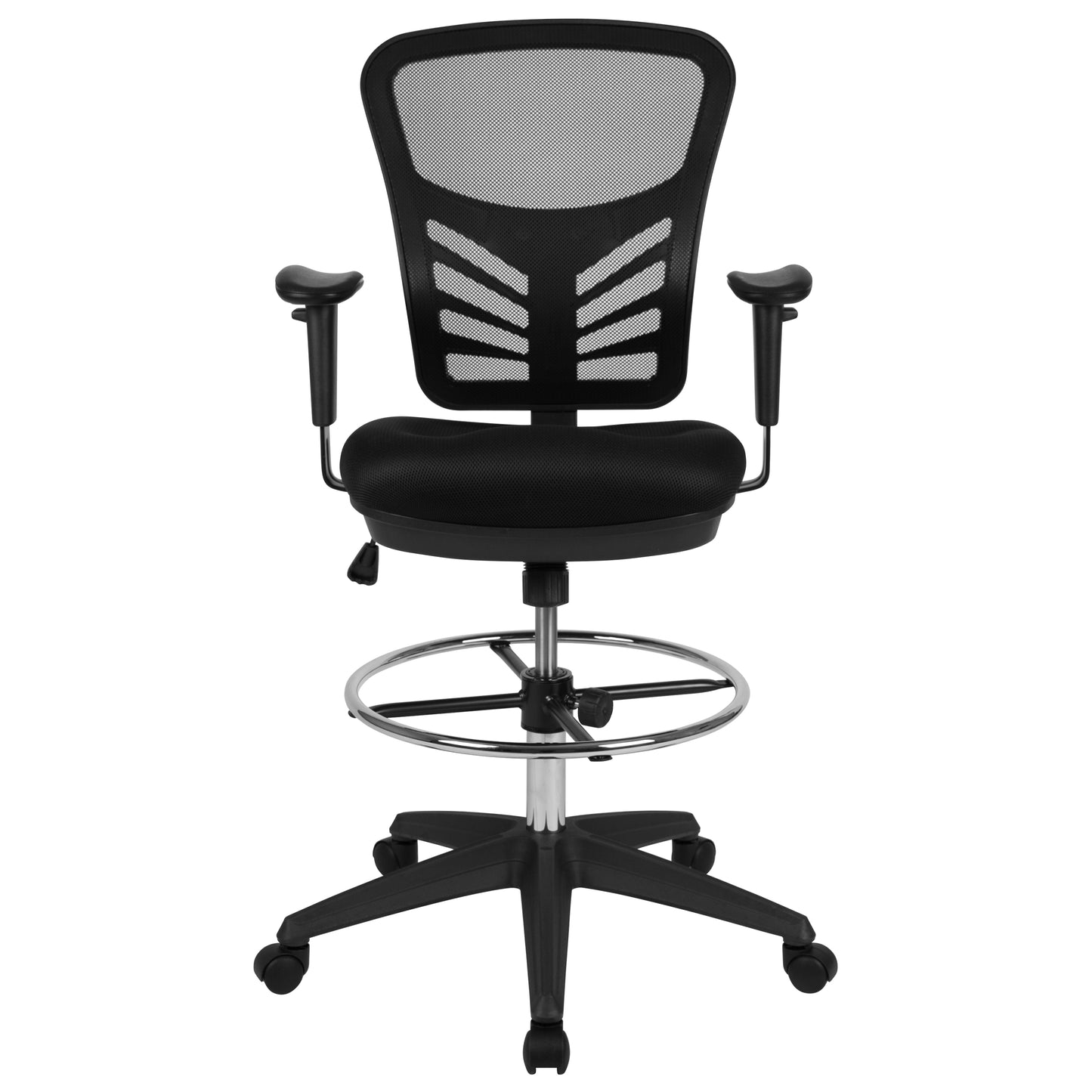 Tyler Mid-Back Black Mesh Ergonomic Drafting Chair with Adjustable Chrome Foot Ring, Adjustable Arms and Black Frame Black Mesh/Black Frame