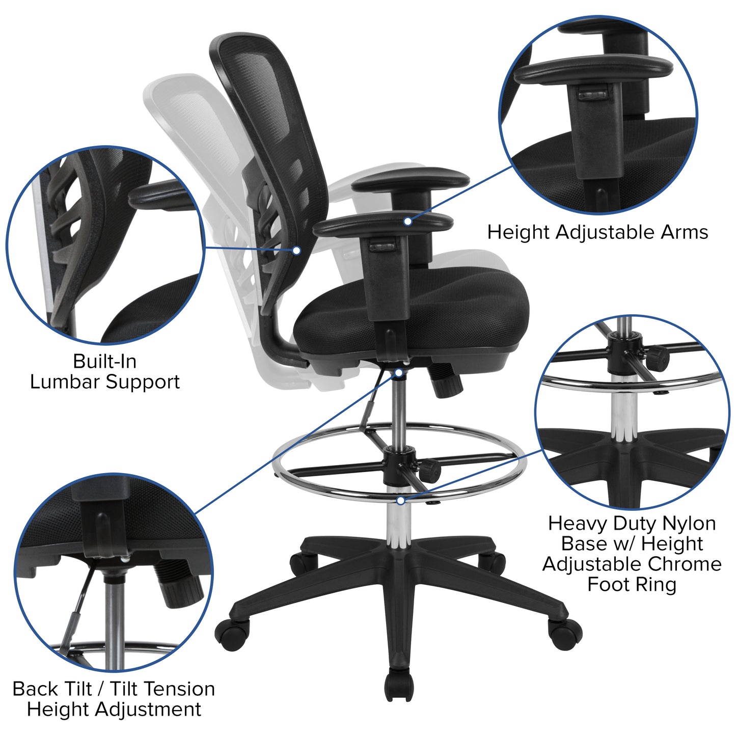 Tyler Mid-Back Black Mesh Ergonomic Drafting Chair with Adjustable Chrome Foot Ring, Adjustable Arms and Black Frame Black Mesh/Black Frame