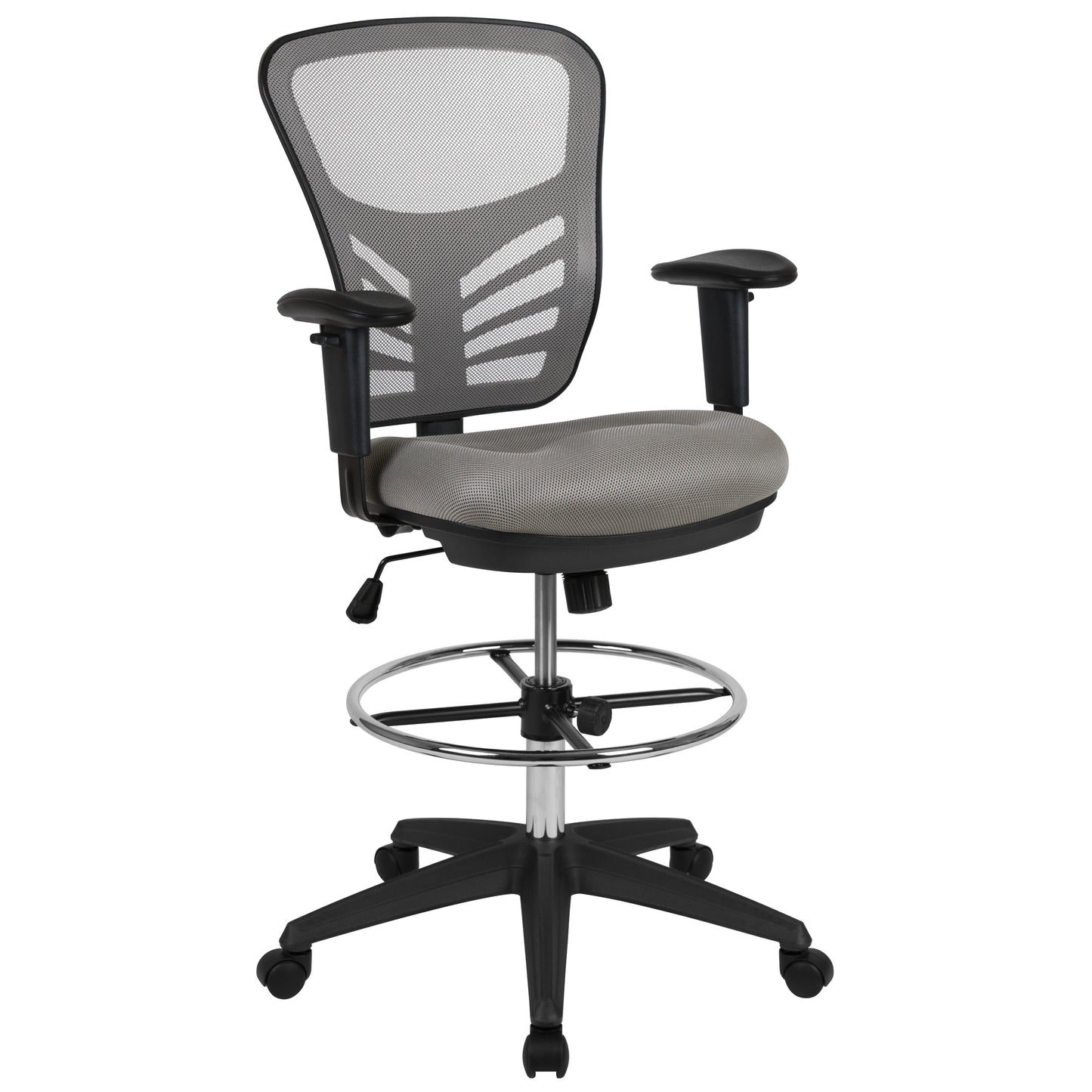 Tyler Mid-Back Light Gray Mesh Ergonomic Drafting Chair with Adjustable Chrome Foot Ring, Adjustable Arms and Black Frame Light Gray Mesh/Black Frame