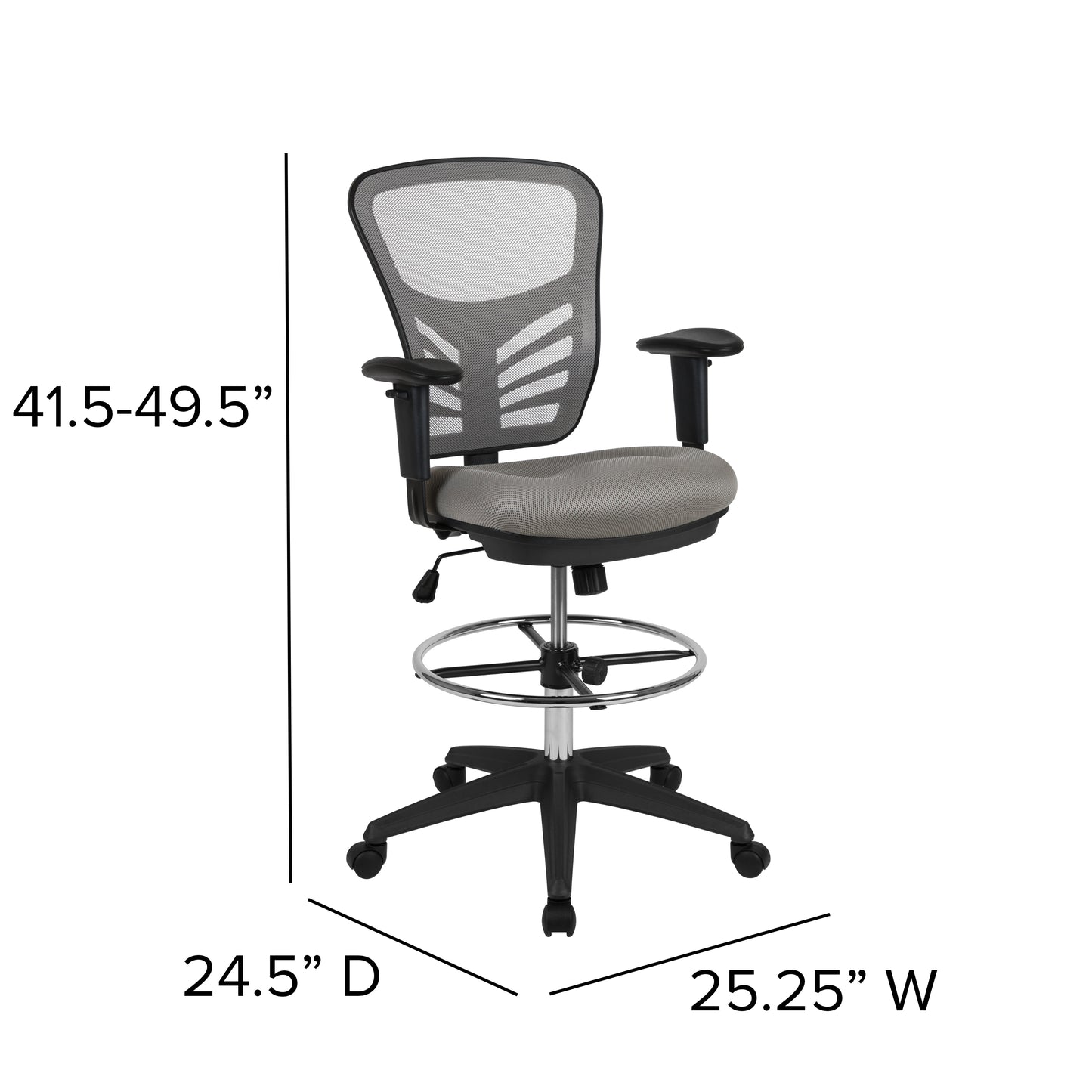Tyler Mid-Back Light Gray Mesh Ergonomic Drafting Chair with Adjustable Chrome Foot Ring, Adjustable Arms and Black Frame Light Gray Mesh/Black Frame