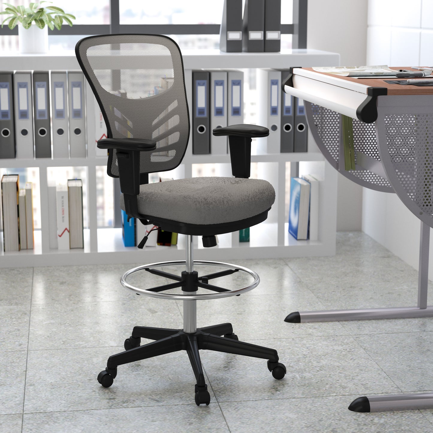 Tyler Mid-Back Light Gray Mesh Ergonomic Drafting Chair with Adjustable Chrome Foot Ring, Adjustable Arms and Black Frame Light Gray Mesh/Black Frame