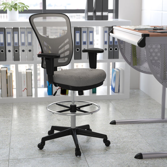 Tyler Mid-Back Light Gray Mesh Ergonomic Drafting Chair with Adjustable Chrome Foot Ring, Adjustable Arms and Black Frame Light Gray Mesh/Black Frame