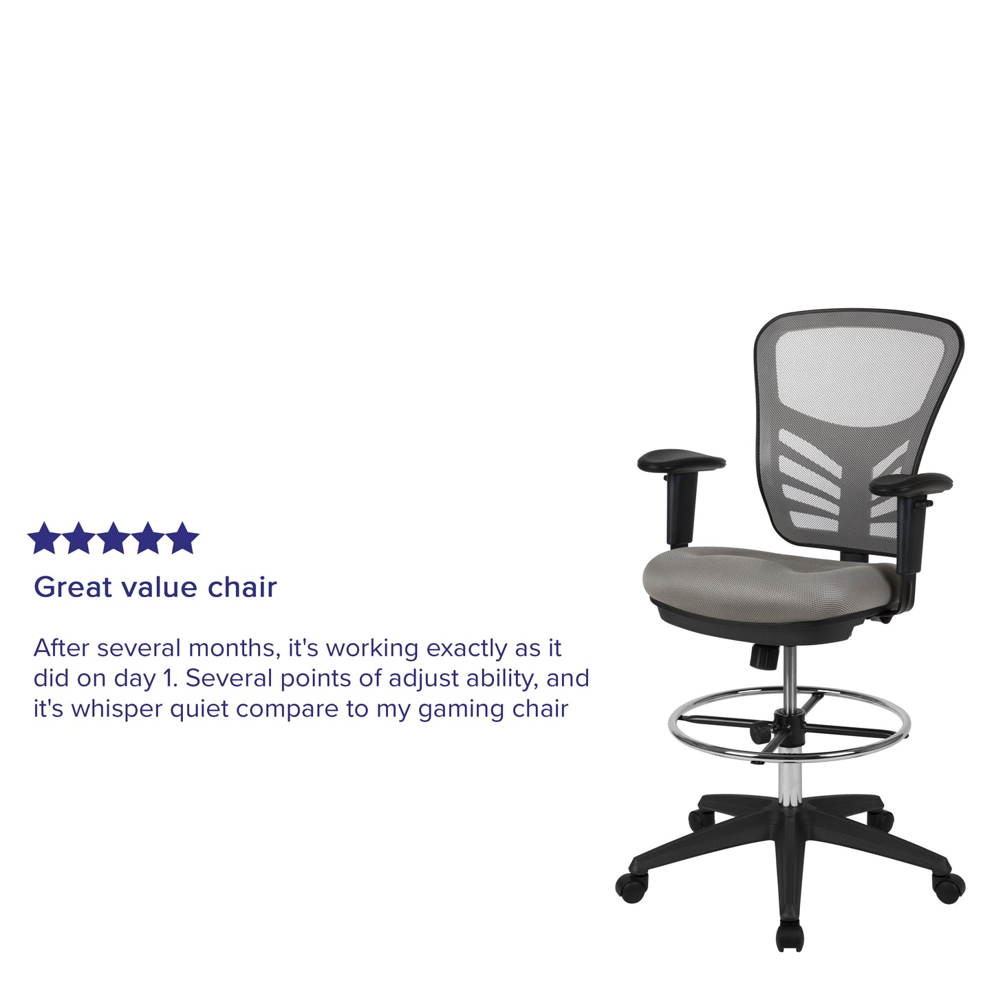Tyler Mid-Back Light Gray Mesh Ergonomic Drafting Chair with Adjustable Chrome Foot Ring, Adjustable Arms and Black Frame Light Gray Mesh/Black Frame